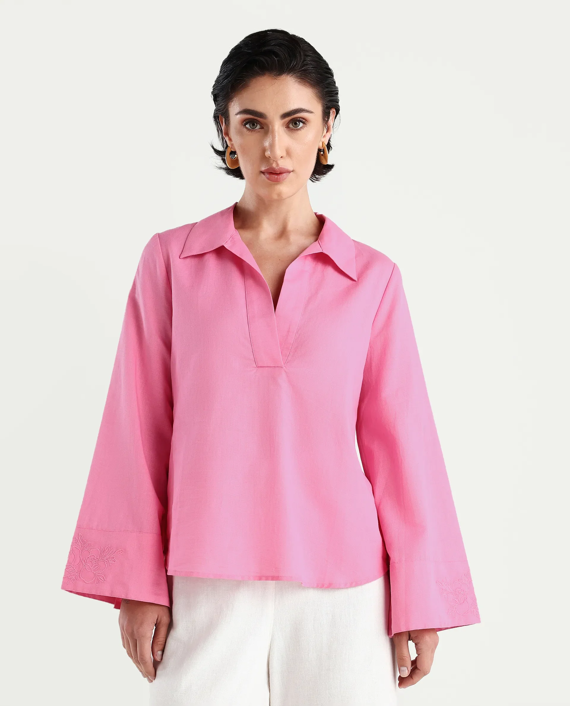 Rareism Women's Bhanis Light Pink Viscose Spread Collar Plain Bell Sleeve Relaxed Fit Top - Image 4