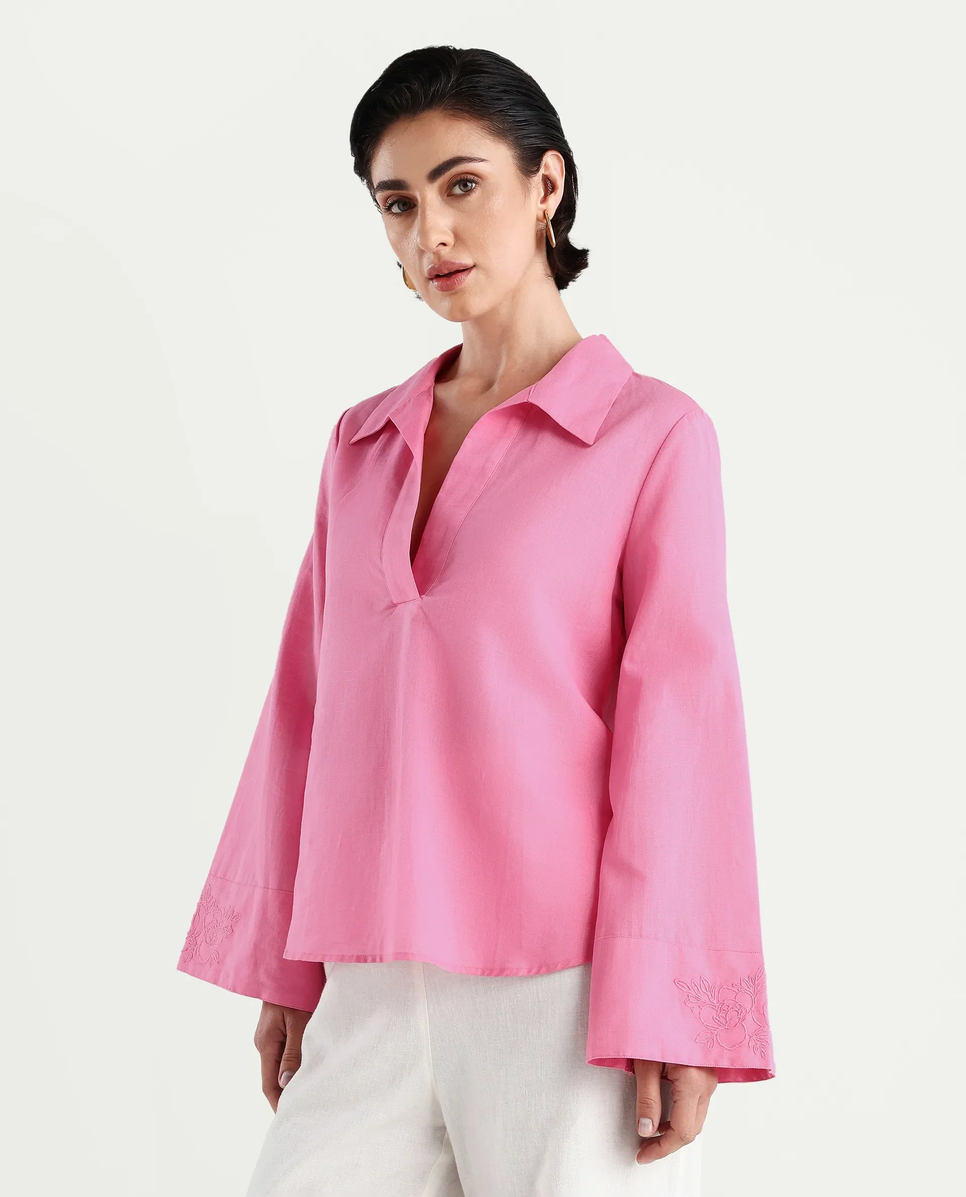 Rareism Women's Bhanis Light Pink Viscose Spread Collar Plain Bell Sleeve Relaxed Fit Top - Image 5