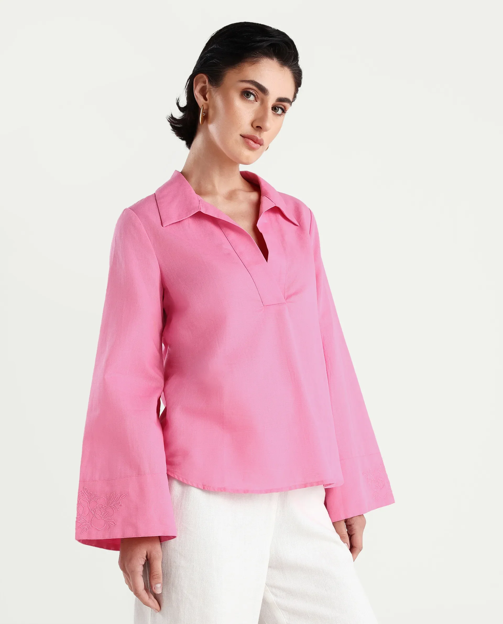 Rareism Women's Bhanis Light Pink Viscose Spread Collar Plain Bell Sleeve Relaxed Fit Top - Image 6