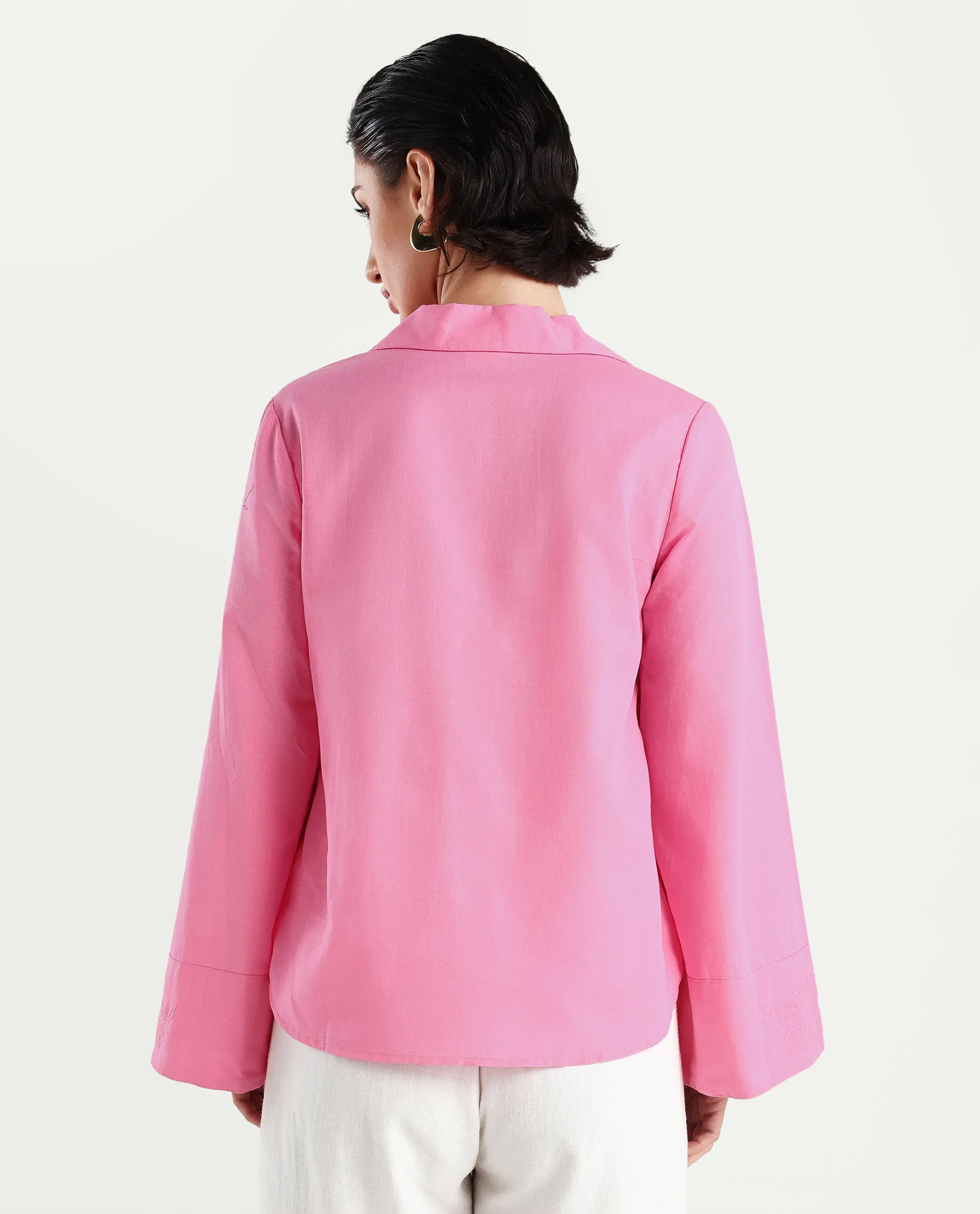 Rareism Women's Bhanis Light Pink Viscose Spread Collar Plain Bell Sleeve Relaxed Fit Top - Image 7