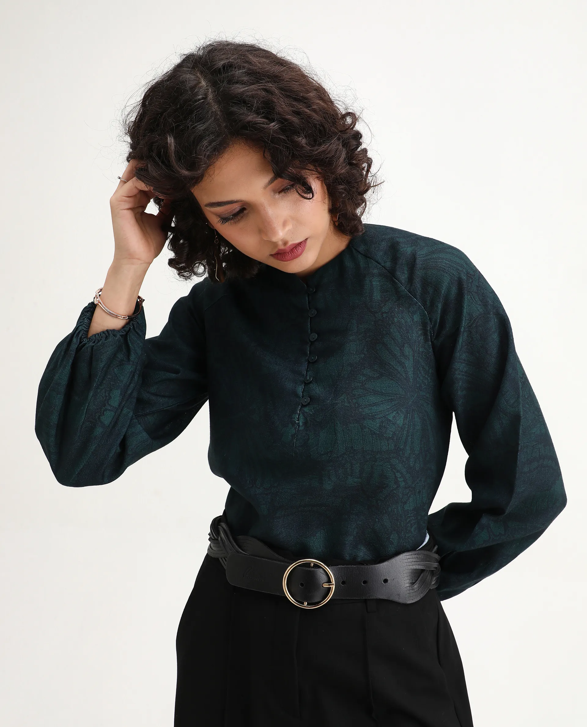 Rareism Women's Bhanism Teal Polyester Round Neck Abstract Print Bishop Sleeve Regular Fit Top