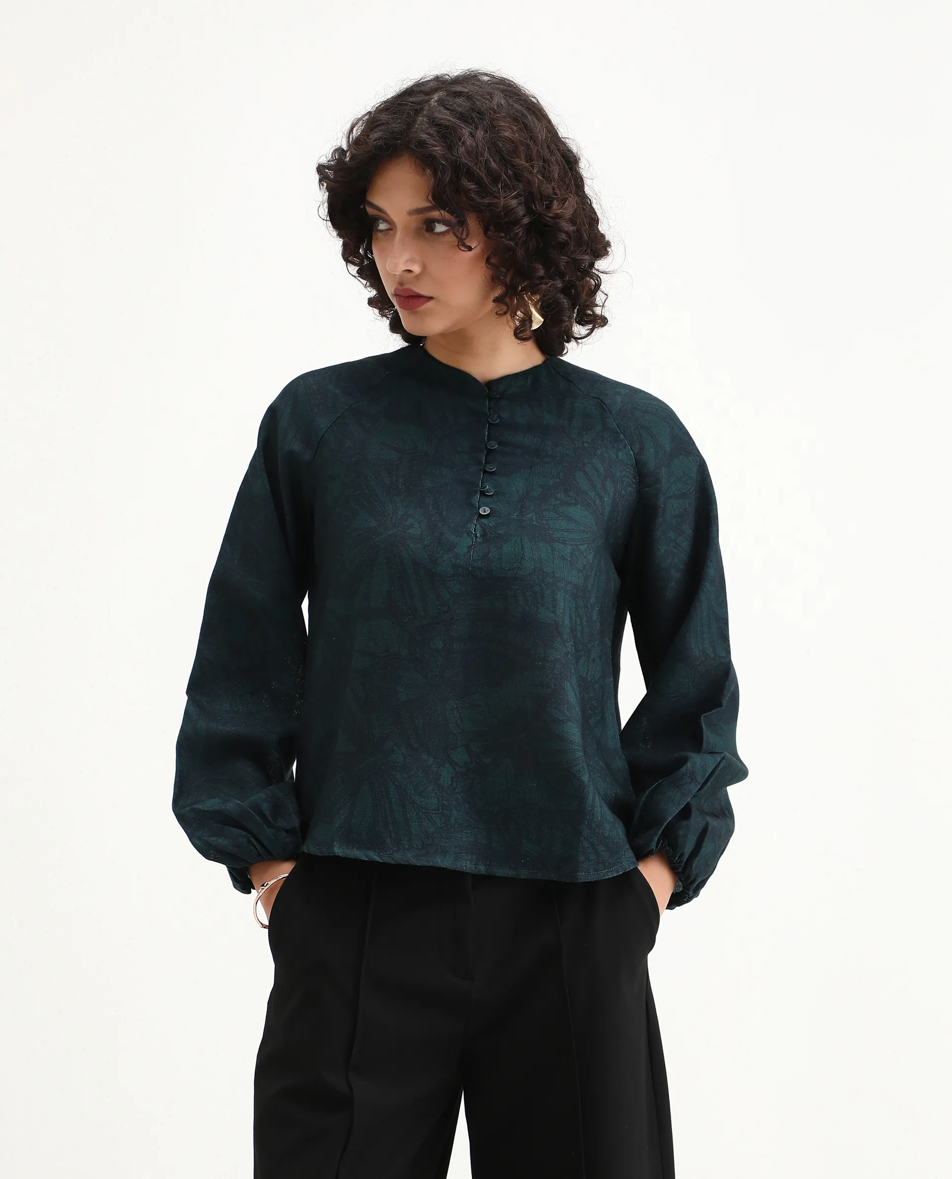 Rareism Women's Bhanism Teal Polyester Round Neck Abstract Print Bishop Sleeve Regular Fit Top - Image 5