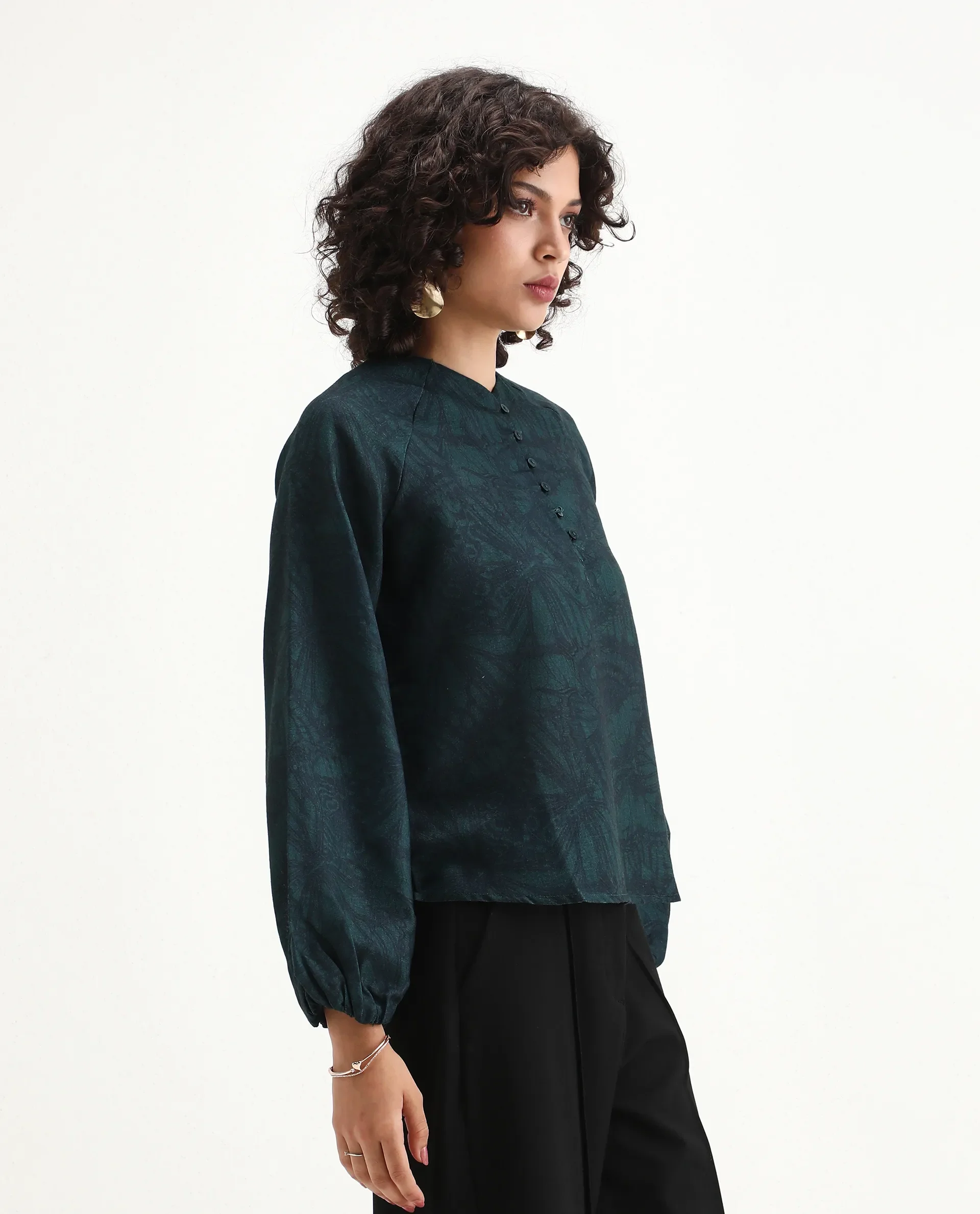 Rareism Women's Bhanism Teal Polyester Round Neck Abstract Print Bishop Sleeve Regular Fit Top - Image 6