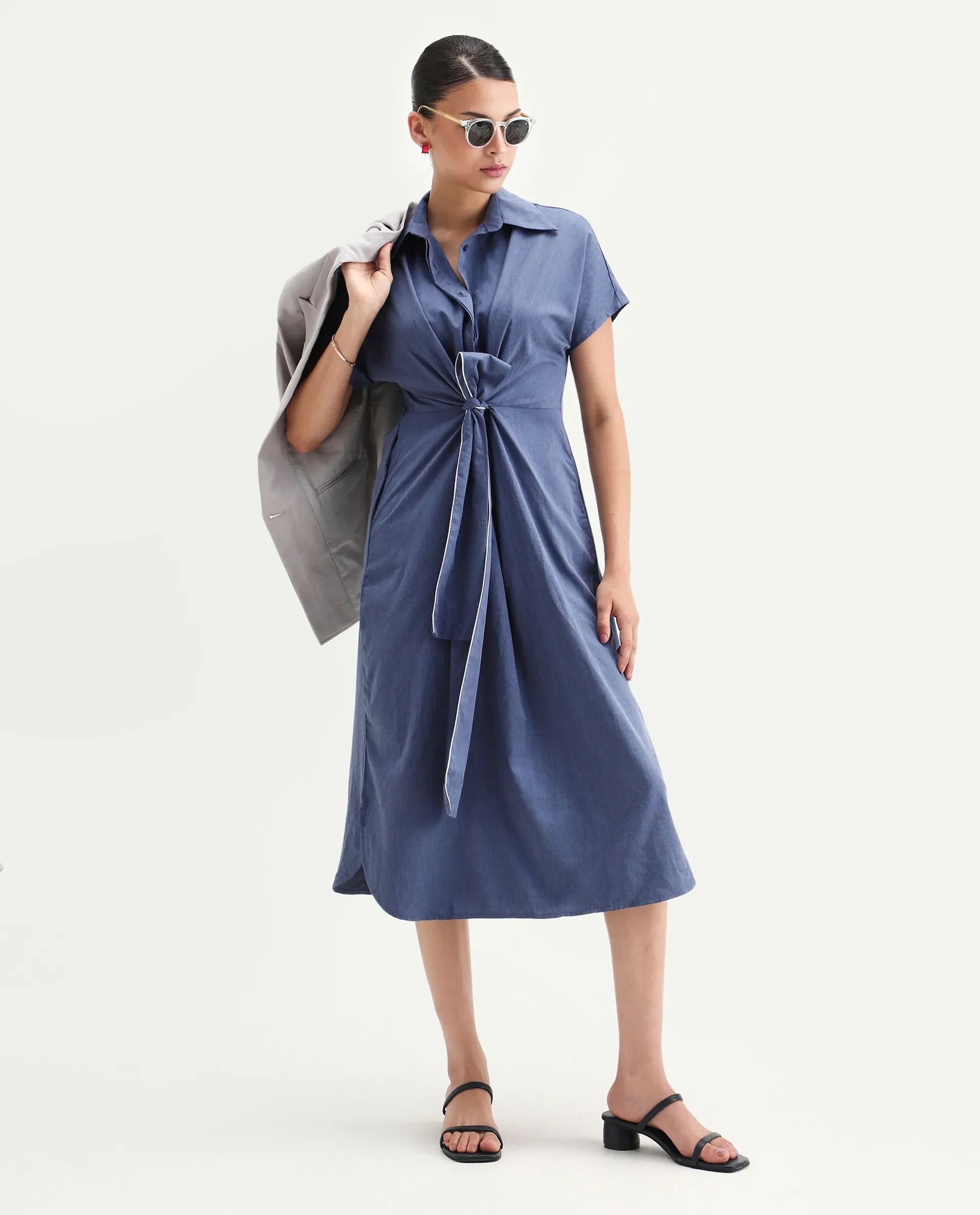 Rareism Women's Bhaque Light Blue Viscose Spread Collar Plain Balloon Sleeve Midi Straight Fit Dress - Image 2