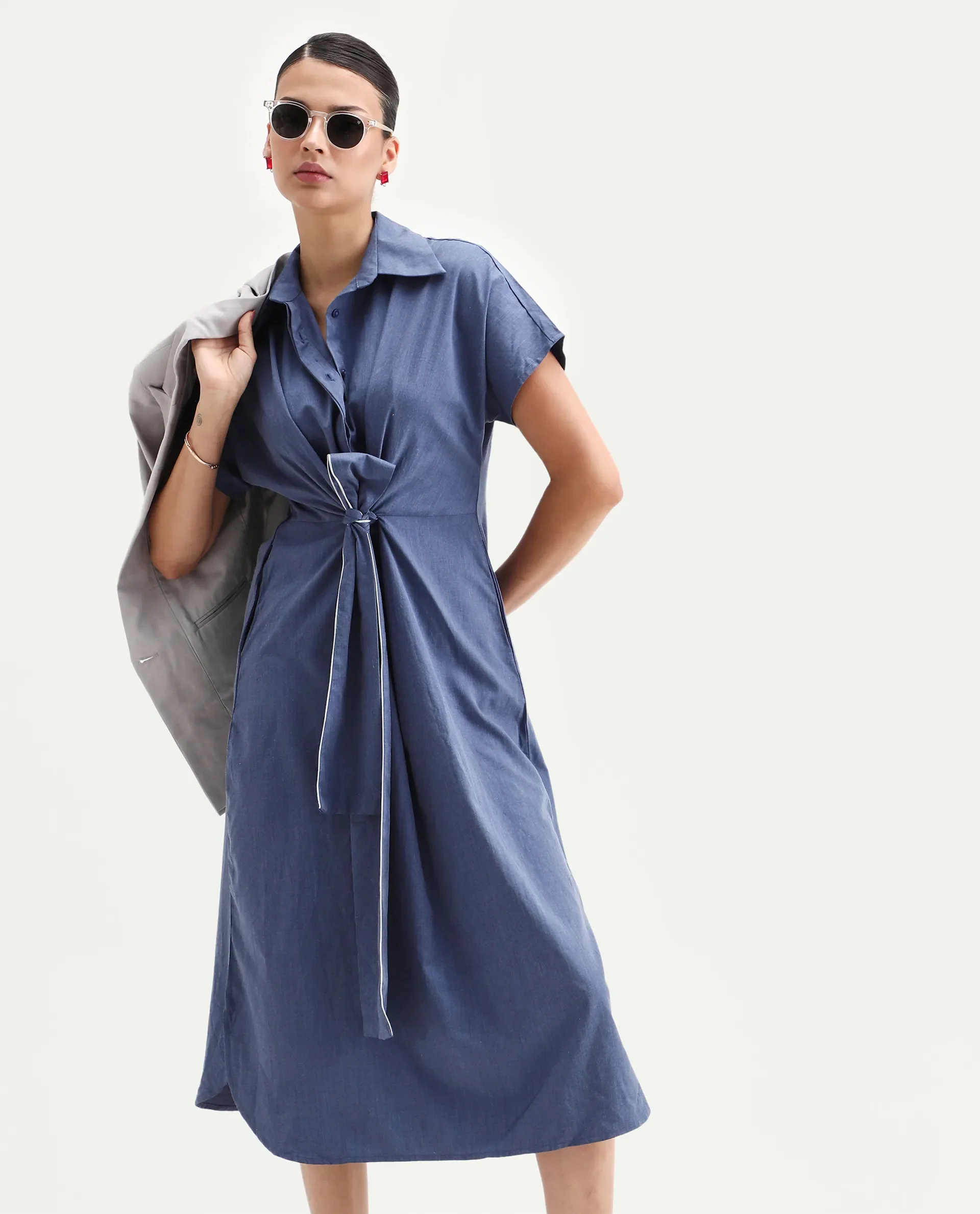 Rareism Women's Bhaque Light Blue Viscose Spread Collar Plain Balloon Sleeve Midi Straight Fit Dress - Image 3