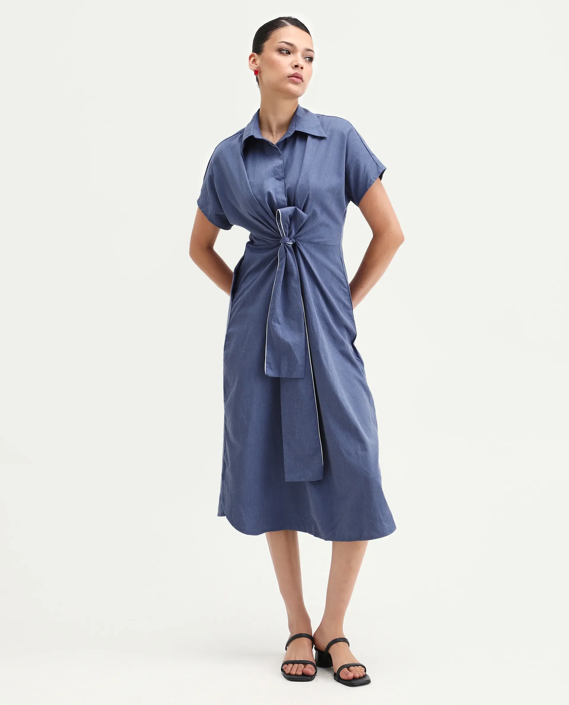Rareism Women's Bhaque Light Blue Viscose Spread Collar Plain Balloon Sleeve Midi Straight Fit Dress - Image 4