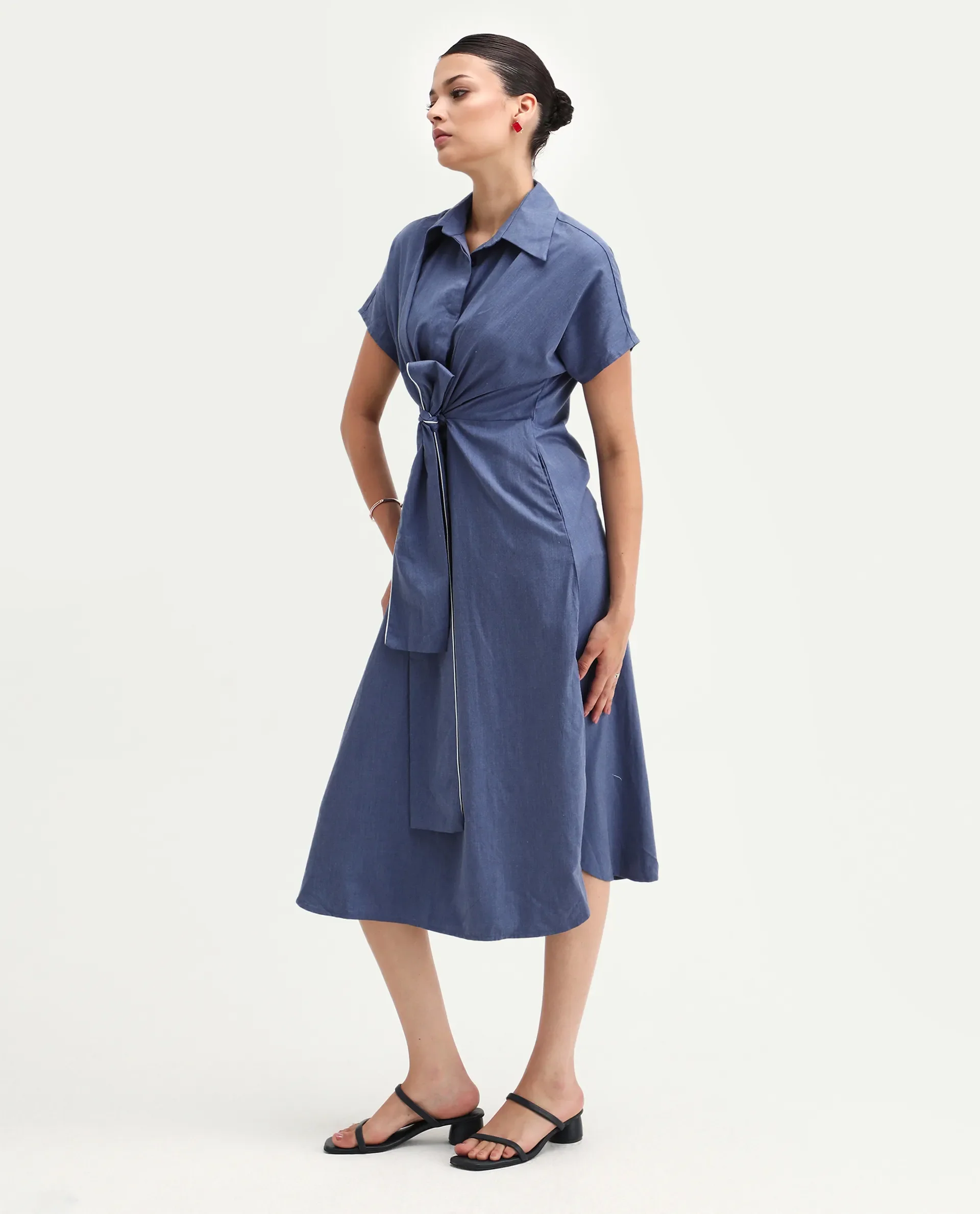 Rareism Women's Bhaque Light Blue Viscose Spread Collar Plain Balloon Sleeve Midi Straight Fit Dress - Image 5