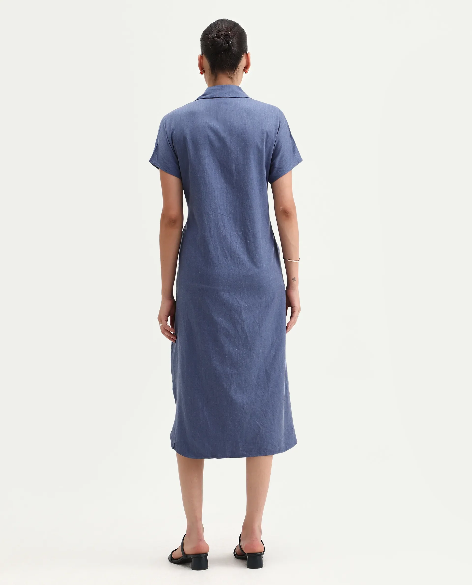 Rareism Women's Bhaque Light Blue Viscose Spread Collar Plain Balloon Sleeve Midi Straight Fit Dress - Image 6