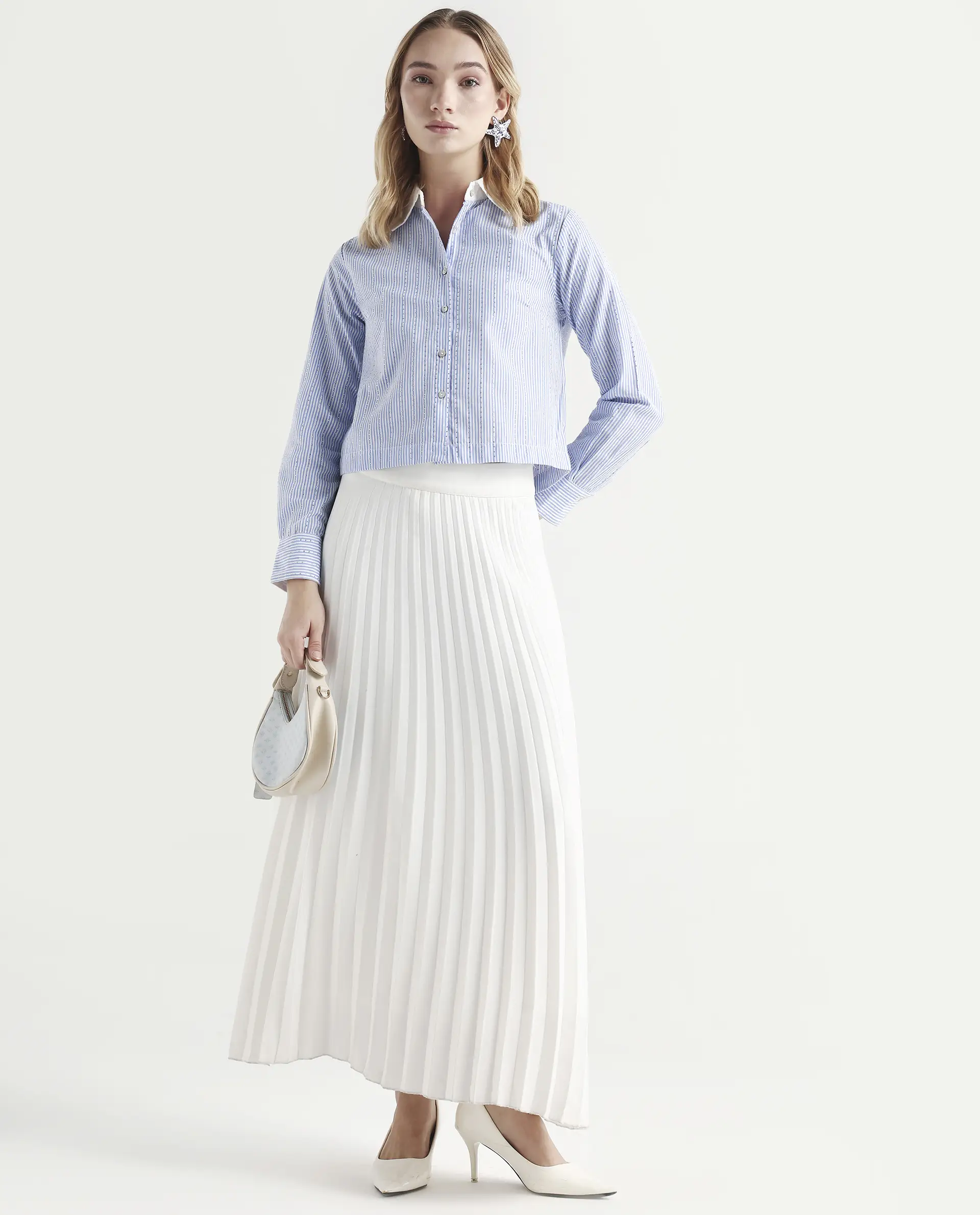 Rareism Women's Bharli Light Blue Cotton Spread Collar Striped Cuffed Sleeve Crop Regular Fit Shirt - Image 2