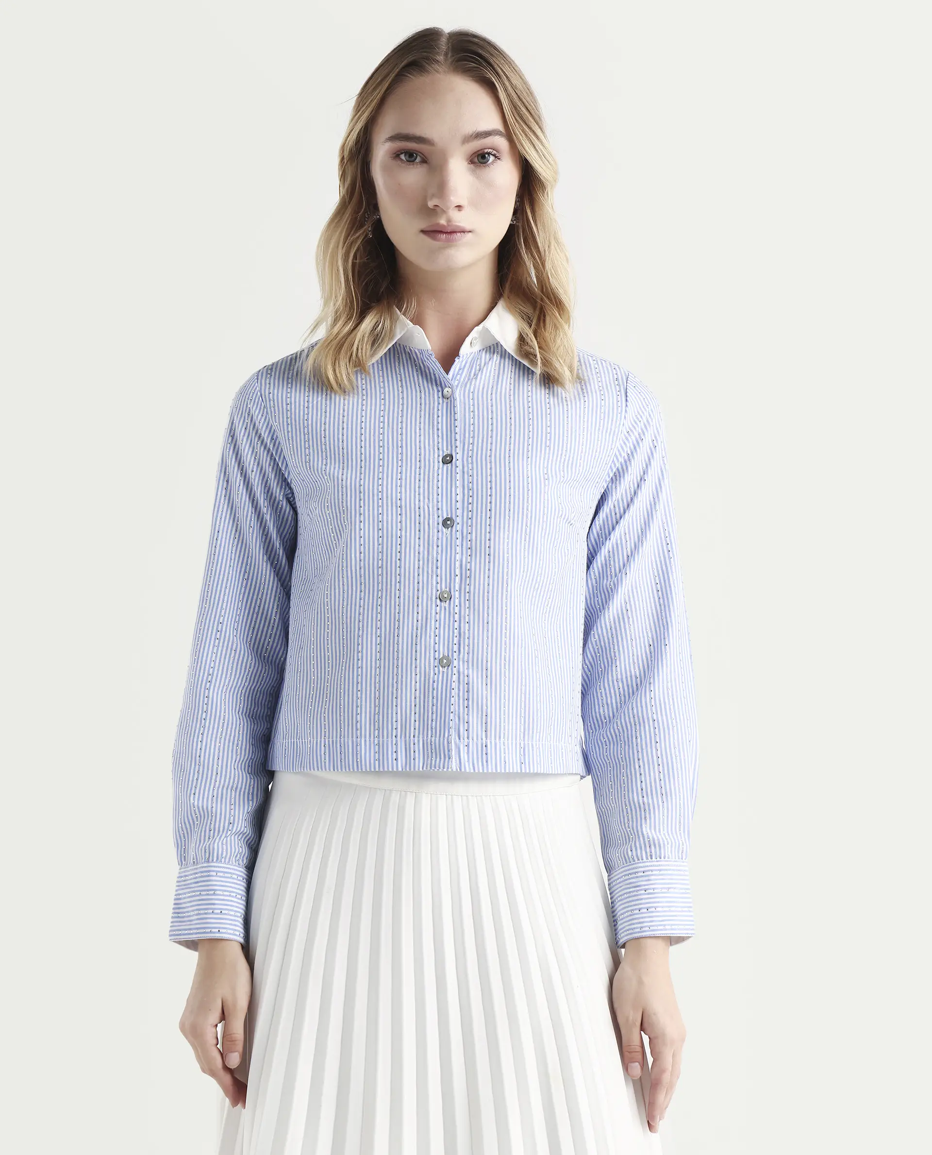 Rareism Women's Bharli Light Blue Cotton Spread Collar Striped Cuffed Sleeve Crop Regular Fit Shirt - Image 3