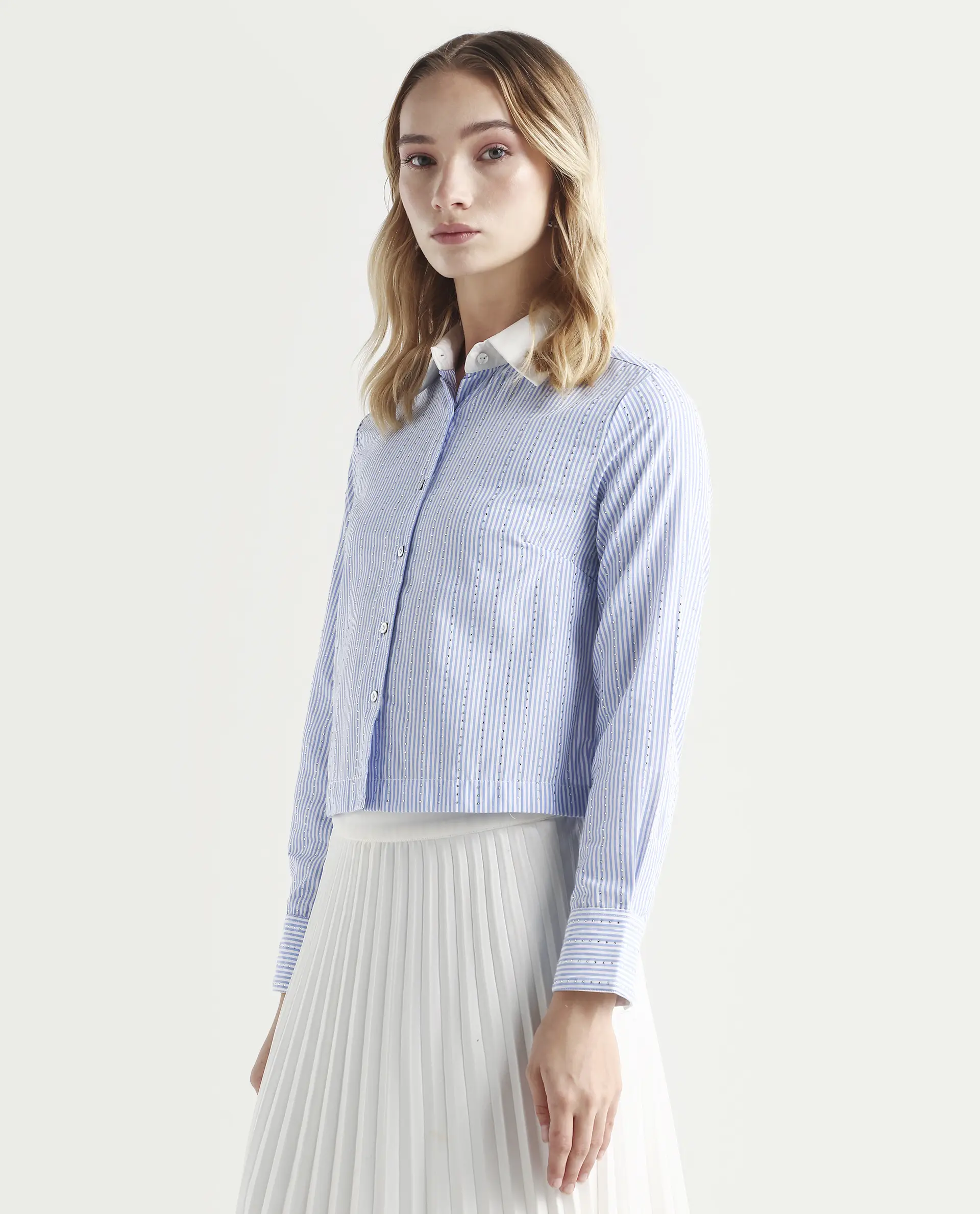 Rareism Women's Bharli Light Blue Cotton Spread Collar Striped Cuffed Sleeve Crop Regular Fit Shirt - Image 5