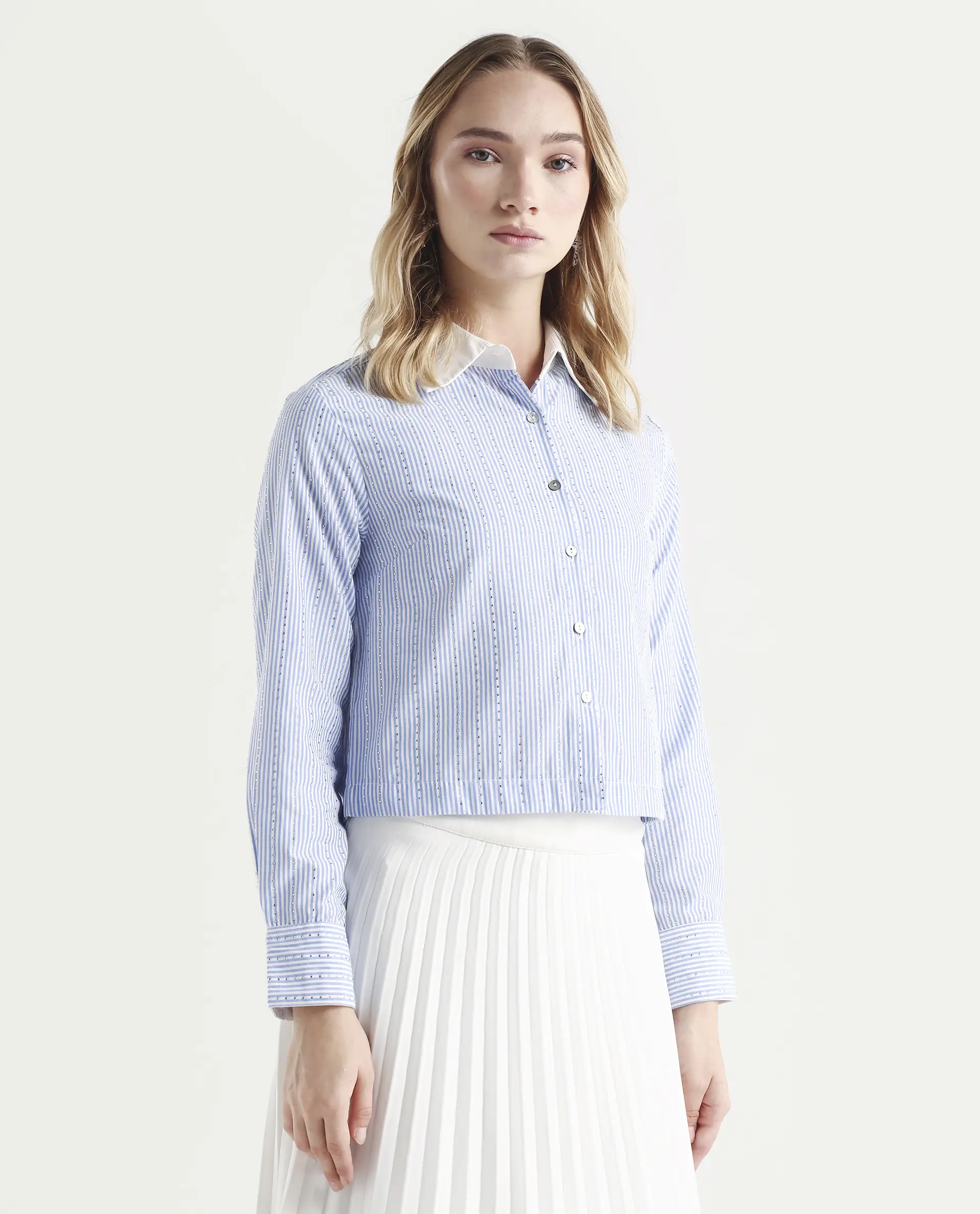 Rareism Women's Bharli Light Blue Cotton Spread Collar Striped Cuffed Sleeve Crop Regular Fit Shirt - Image 6