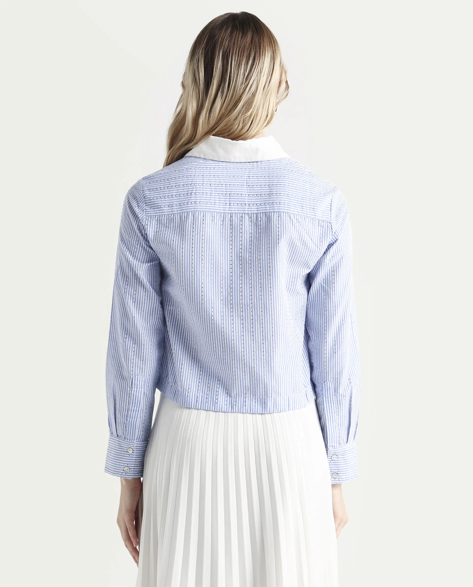Rareism Women's Bharli Light Blue Cotton Spread Collar Striped Cuffed Sleeve Crop Regular Fit Shirt - Image 7