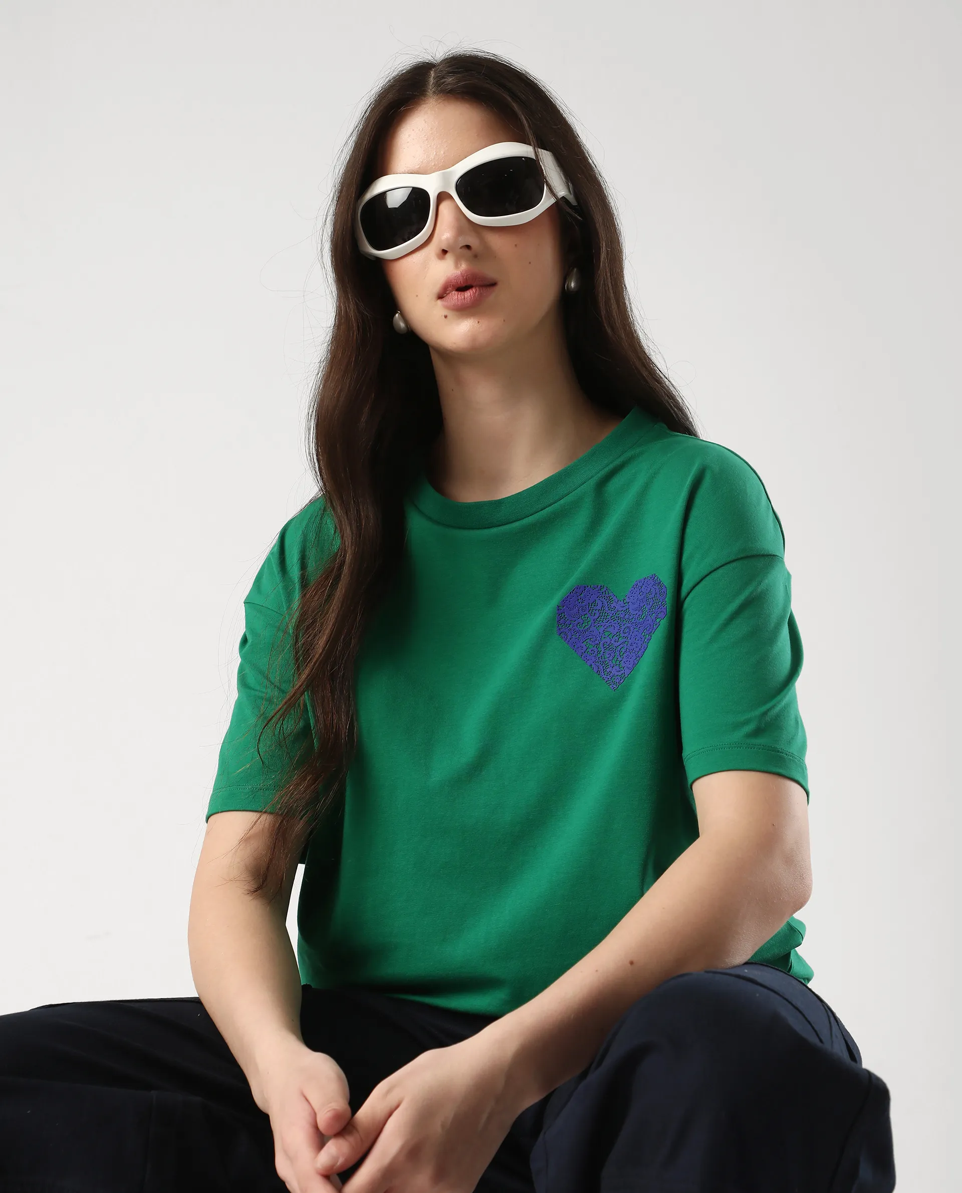 Rareism Women's Bharmo Green Cotton Crew Neck Typography Print Boxy Fit T-Shirt