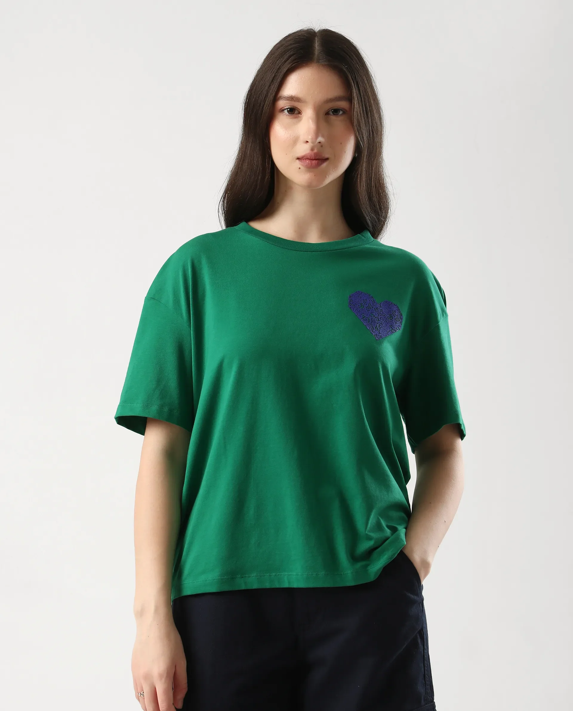 Rareism Women's Bharmo Green Cotton Crew Neck Typography Print Boxy Fit T-Shirt - Image 2