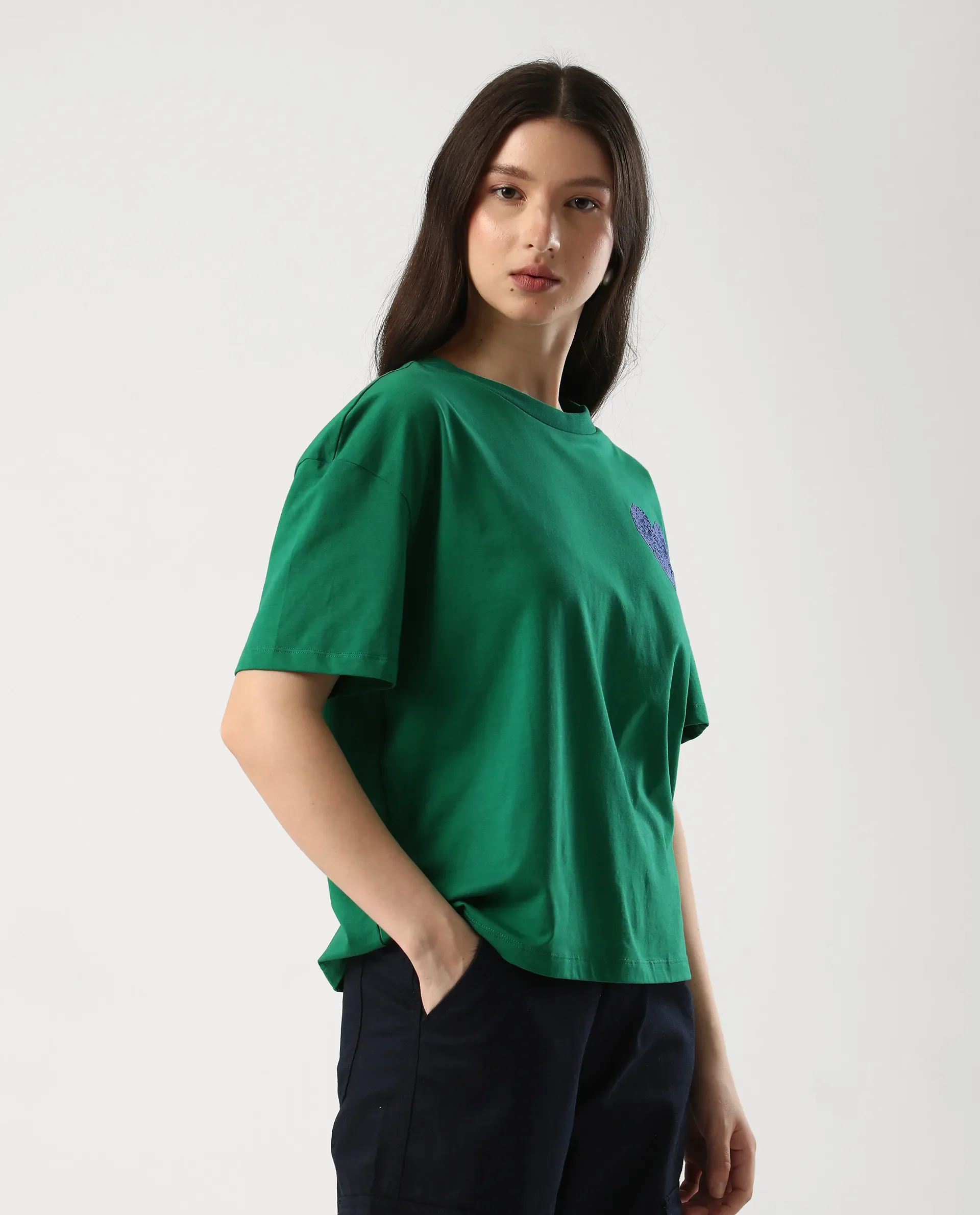 Rareism Women's Bharmo Green Cotton Crew Neck Typography Print Boxy Fit T-Shirt - Image 4