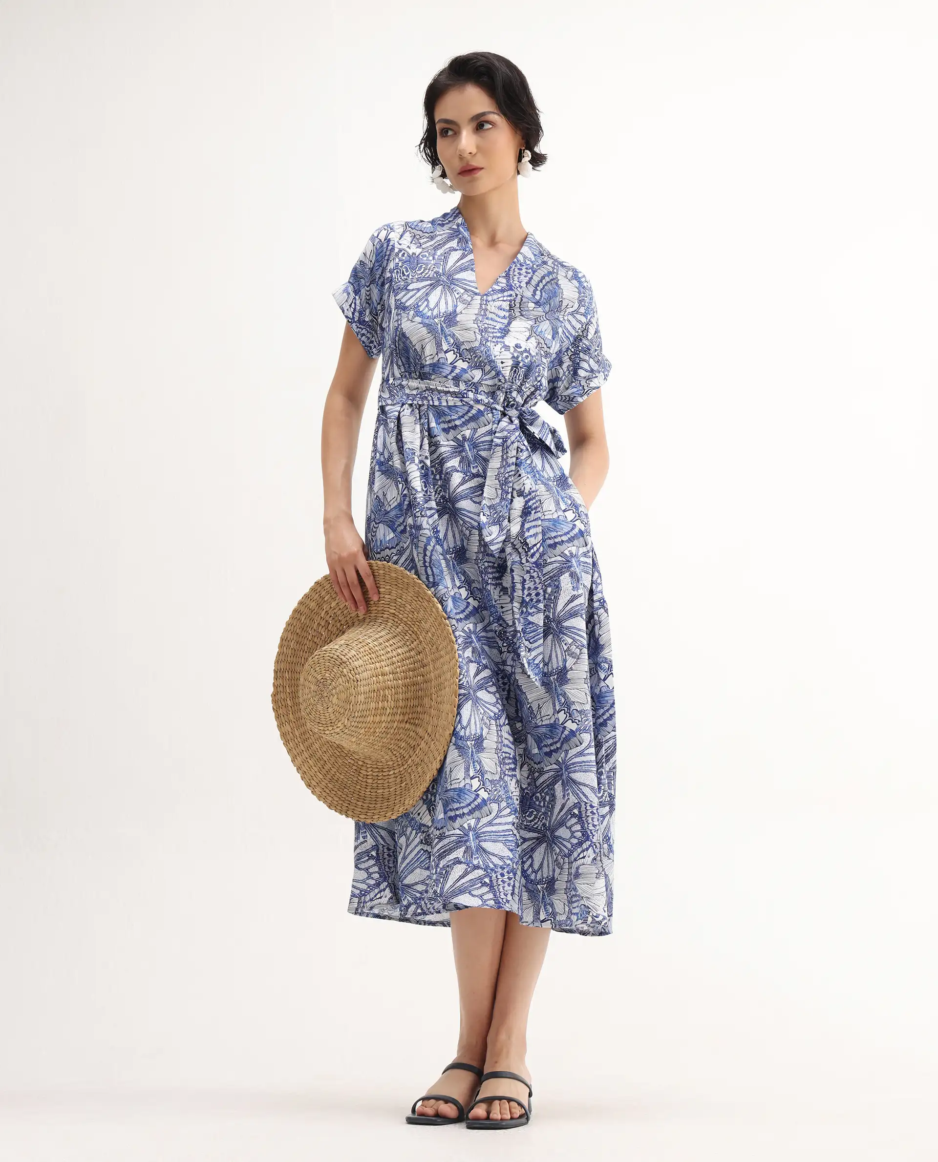 Rareism Women's Bharnaj Blue Cotton Blend Johnny Collar Abstract Print Kimono Sleeve Midi Flared Dress - Image 2