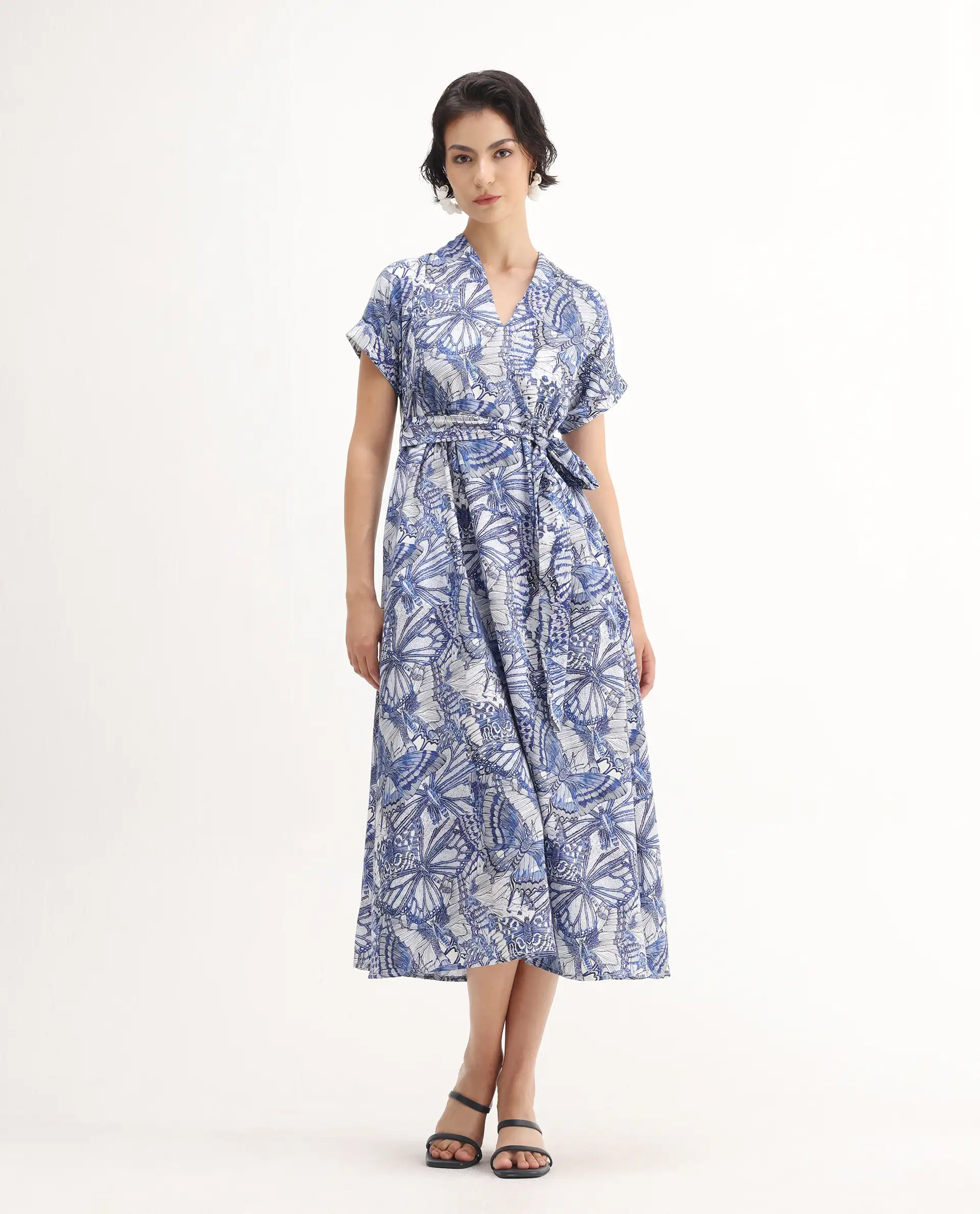 Rareism Women's Bharnaj Blue Cotton Blend Johnny Collar Abstract Print Kimono Sleeve Midi Flared Dress - Image 3