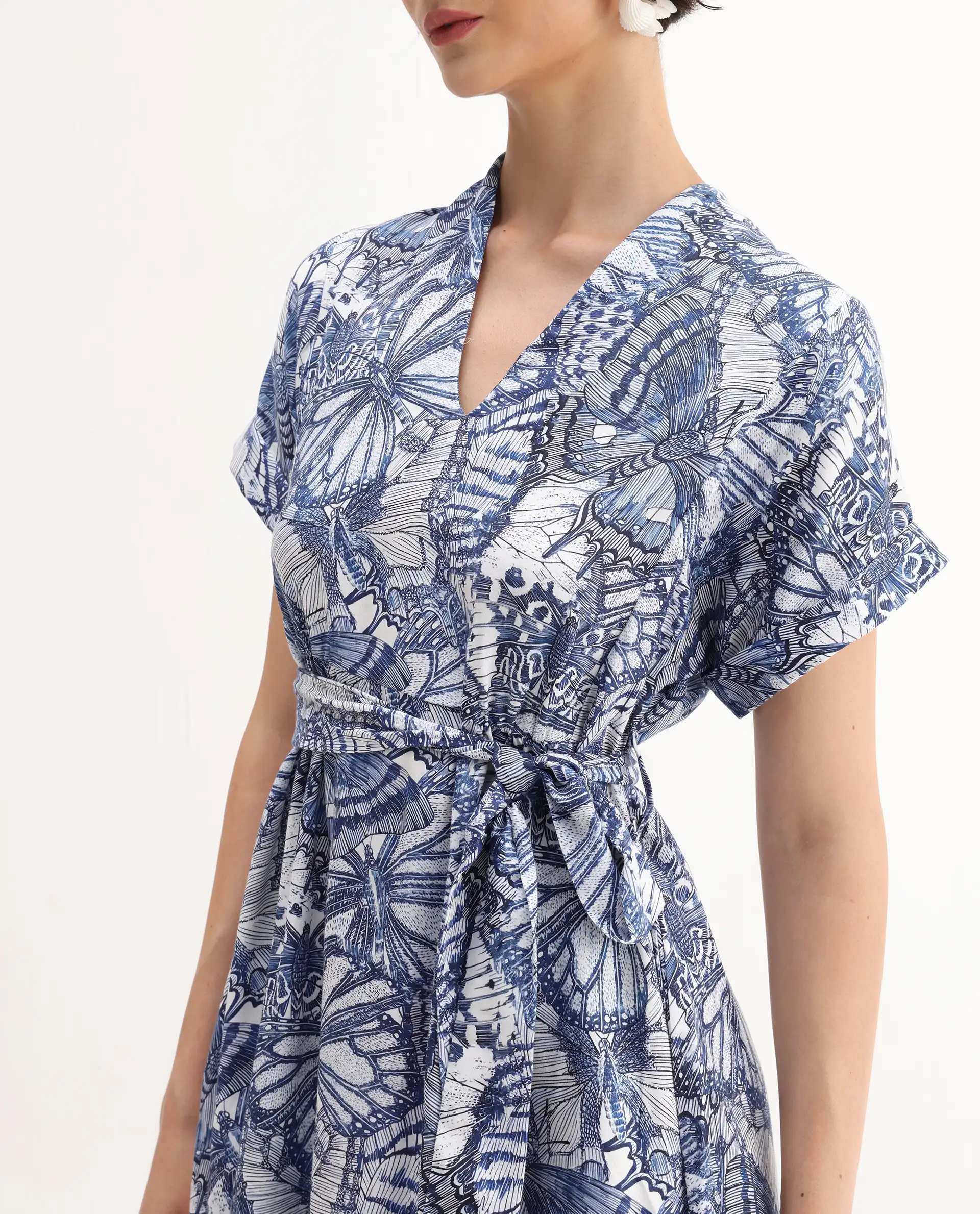 Rareism Women's Bharnaj Blue Cotton Blend Johnny Collar Abstract Print Kimono Sleeve Midi Flared Dress - Image 4