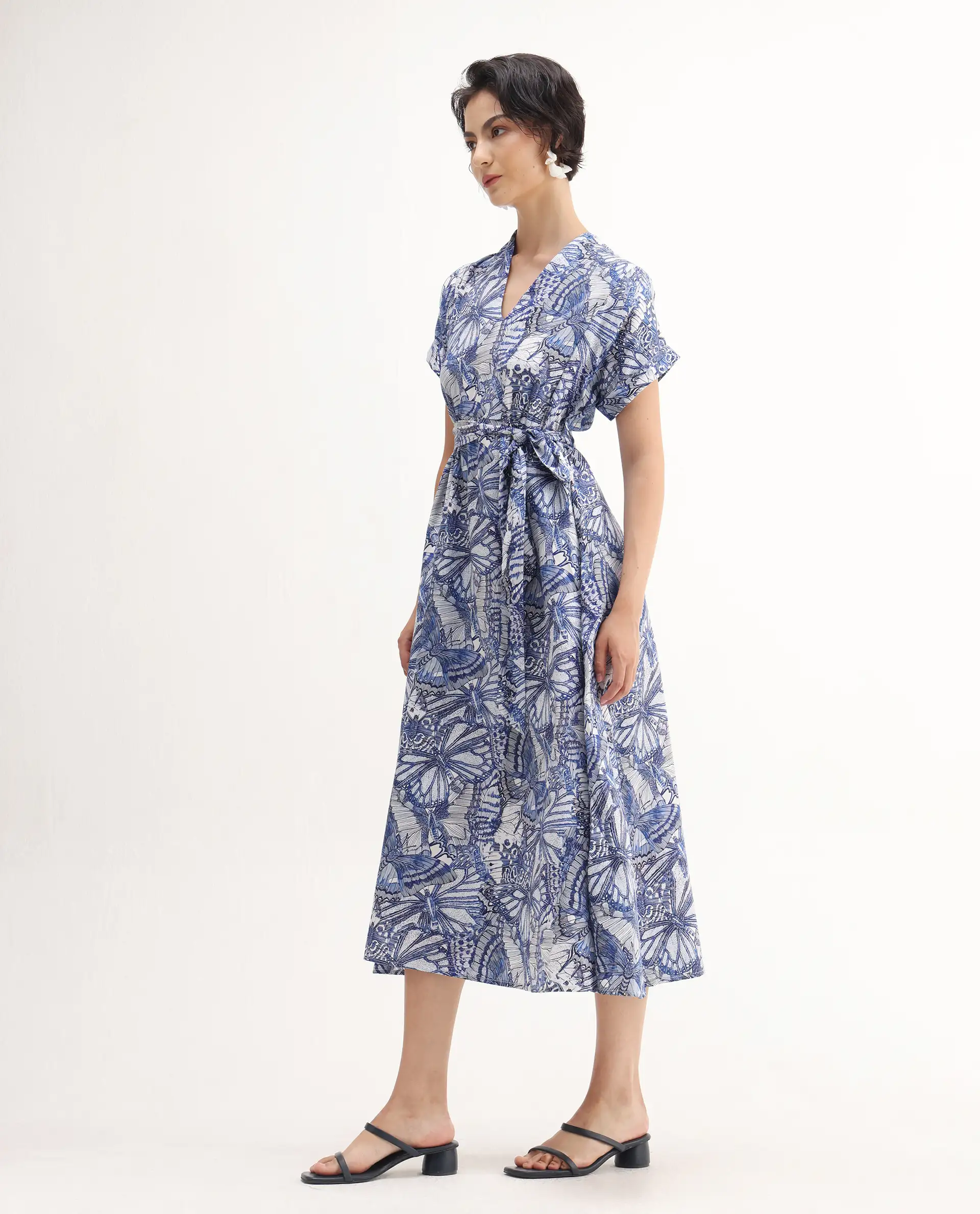 Rareism Women's Bharnaj Blue Cotton Blend Johnny Collar Abstract Print Kimono Sleeve Midi Flared Dress - Image 5