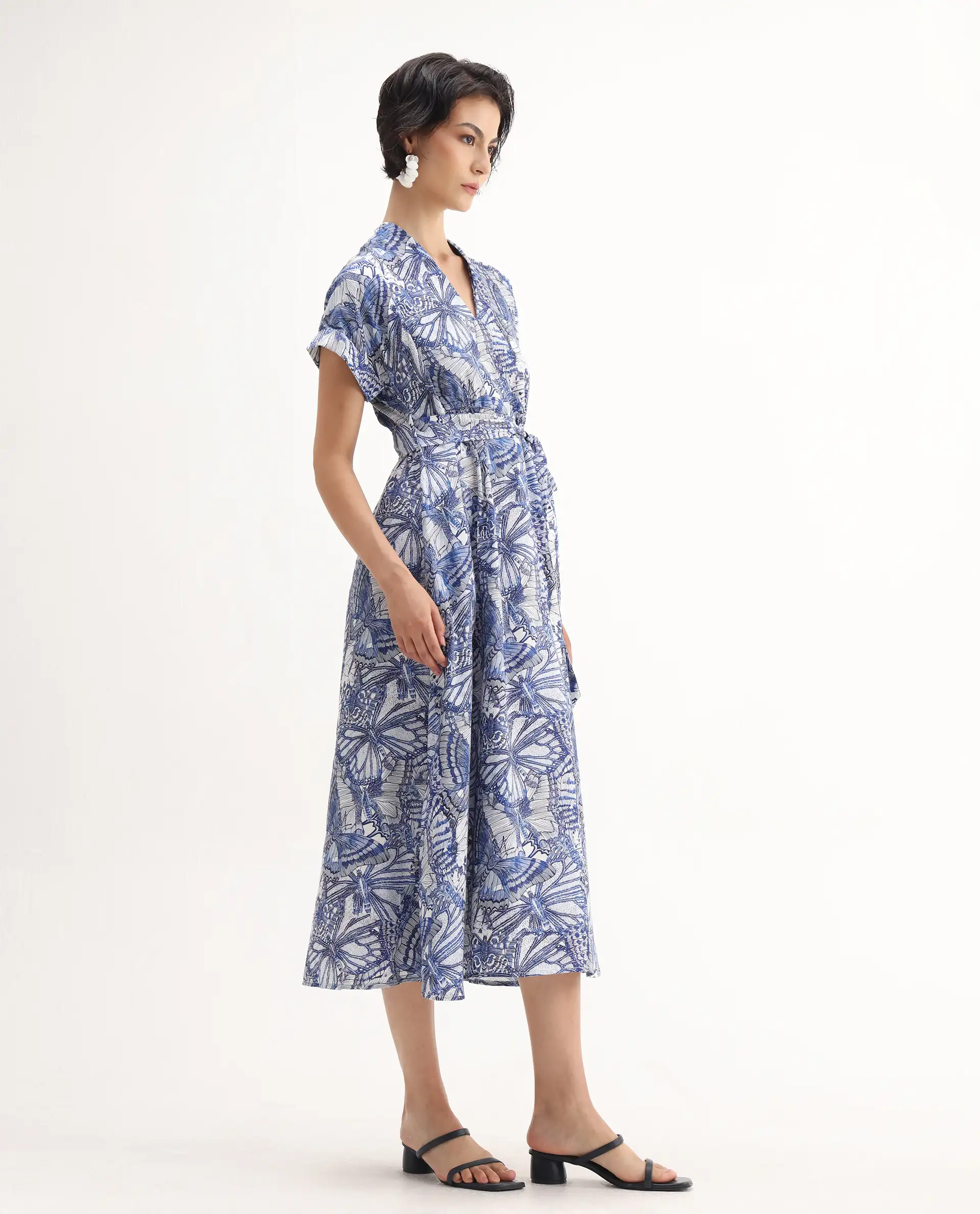 Rareism Women's Bharnaj Blue Cotton Blend Johnny Collar Abstract Print Kimono Sleeve Midi Flared Dress - Image 6