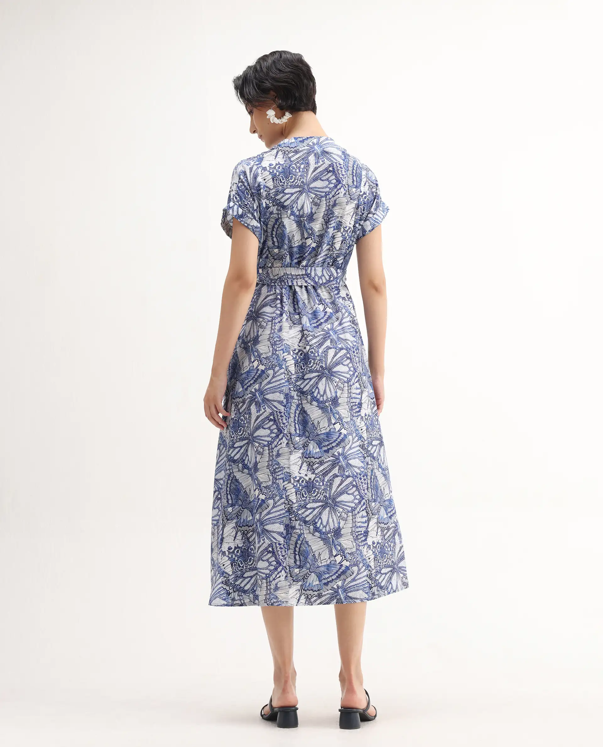 Rareism Women's Bharnaj Blue Cotton Blend Johnny Collar Abstract Print Kimono Sleeve Midi Flared Dress - Image 7