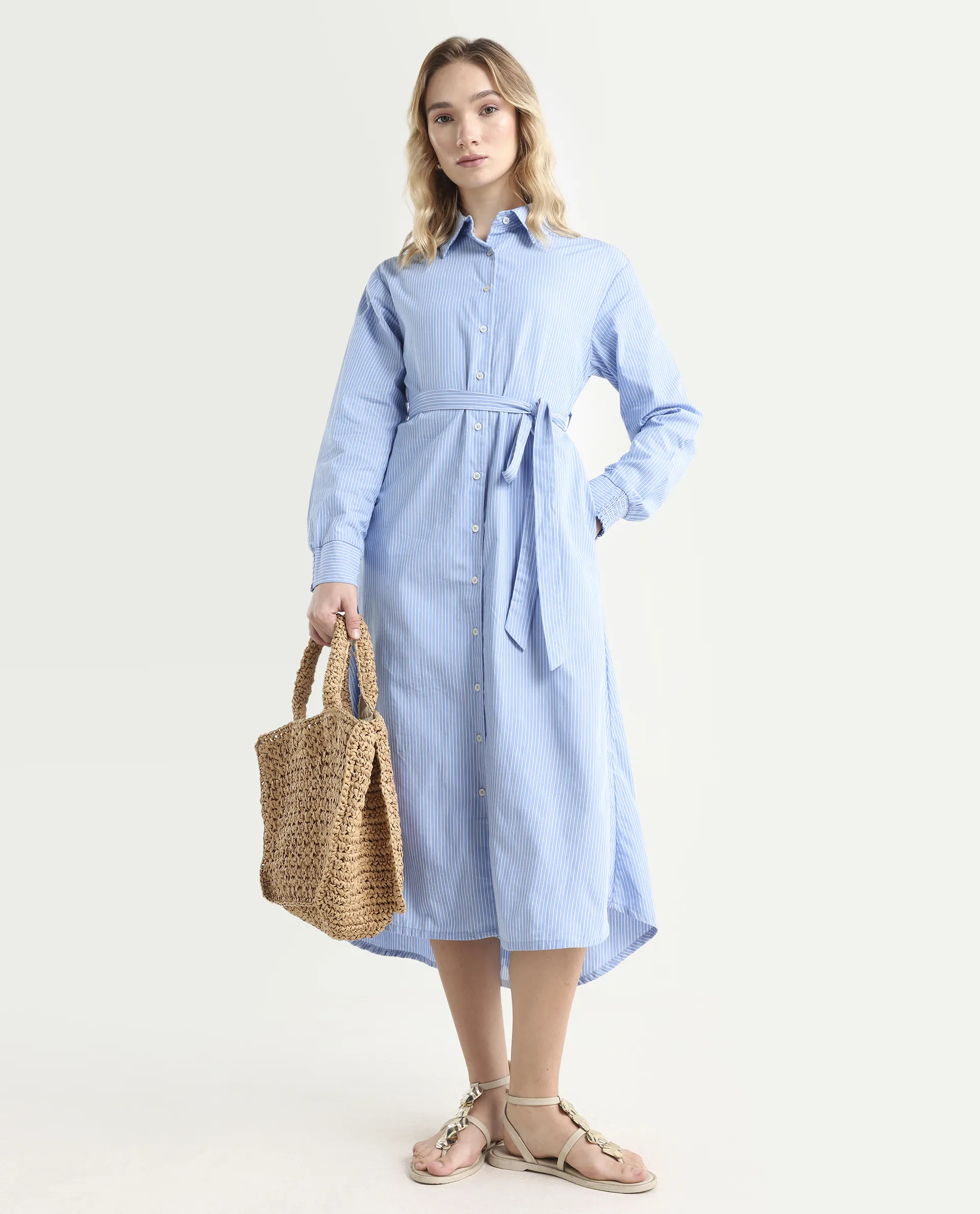 Rareism Women's Bharon Light Blue Cotton Spread Collar Striped Cuffed Sleeve Midi Straight Fit Dress - Image 2