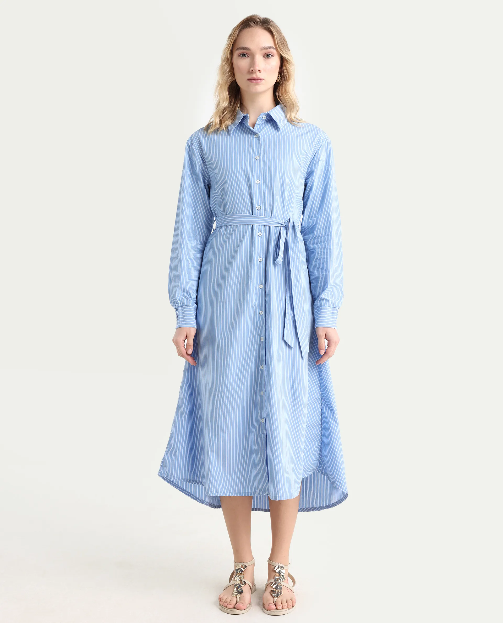 Rareism Women's Bharon Light Blue Cotton Spread Collar Striped Cuffed Sleeve Midi Straight Fit Dress - Image 3