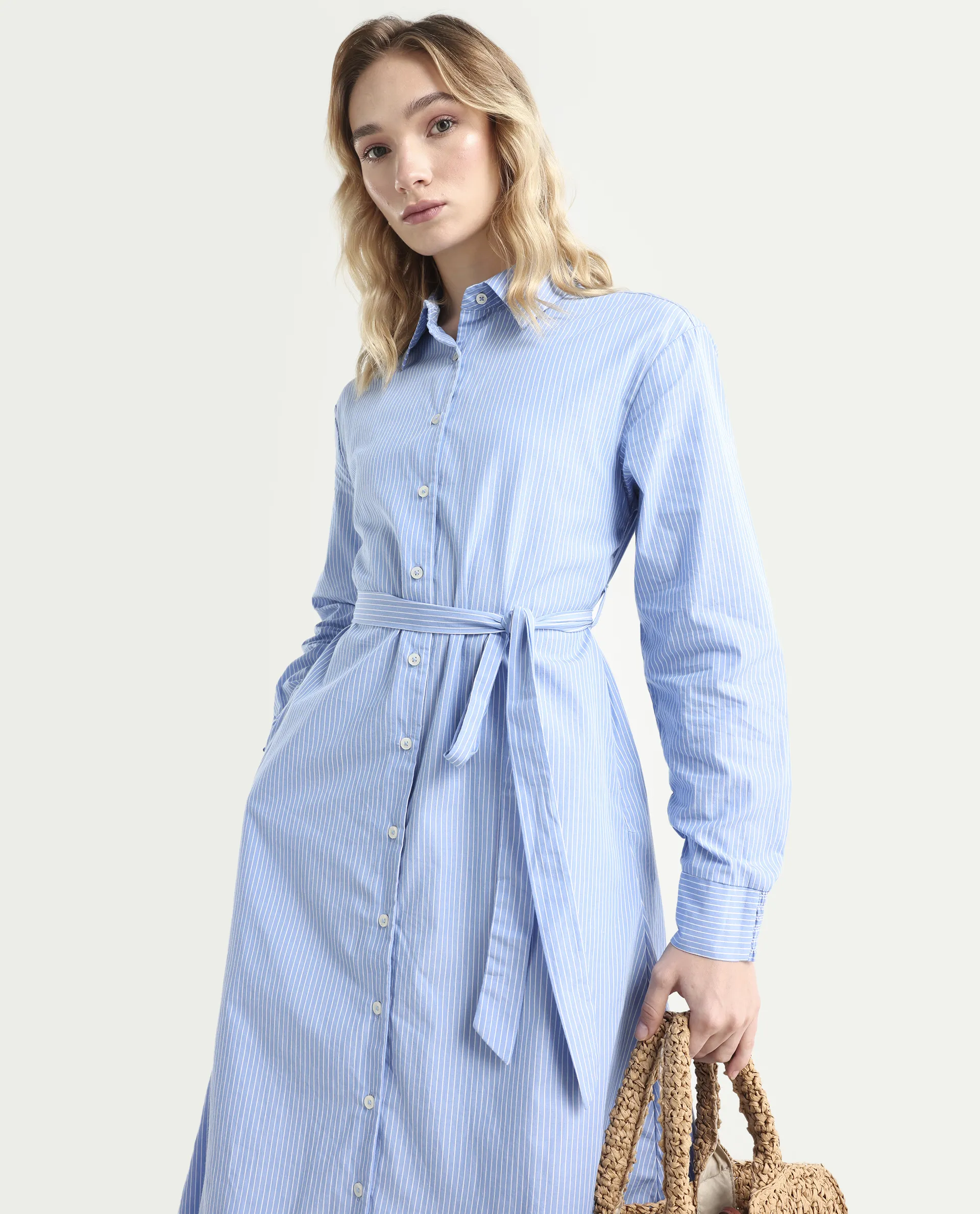 Rareism Women's Bharon Light Blue Cotton Spread Collar Striped Cuffed Sleeve Midi Straight Fit Dress - Image 4