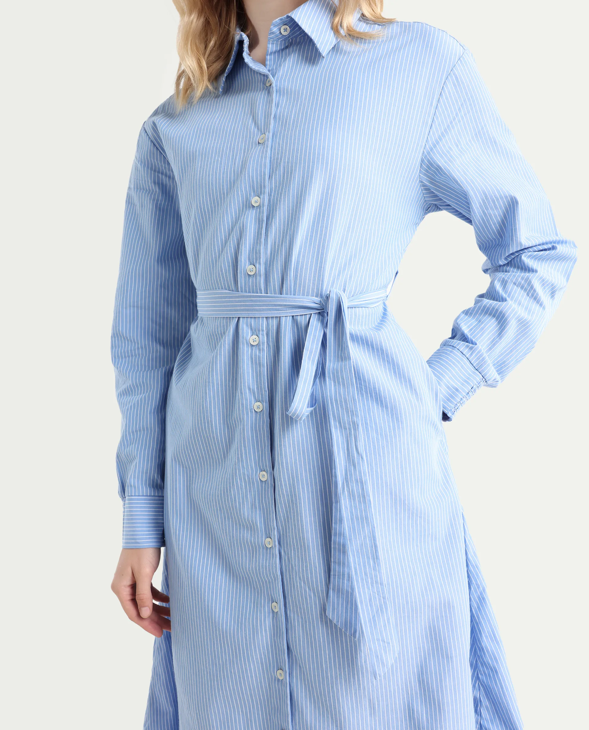 Rareism Women's Bharon Light Blue Cotton Spread Collar Striped Cuffed Sleeve Midi Straight Fit Dress - Image 5