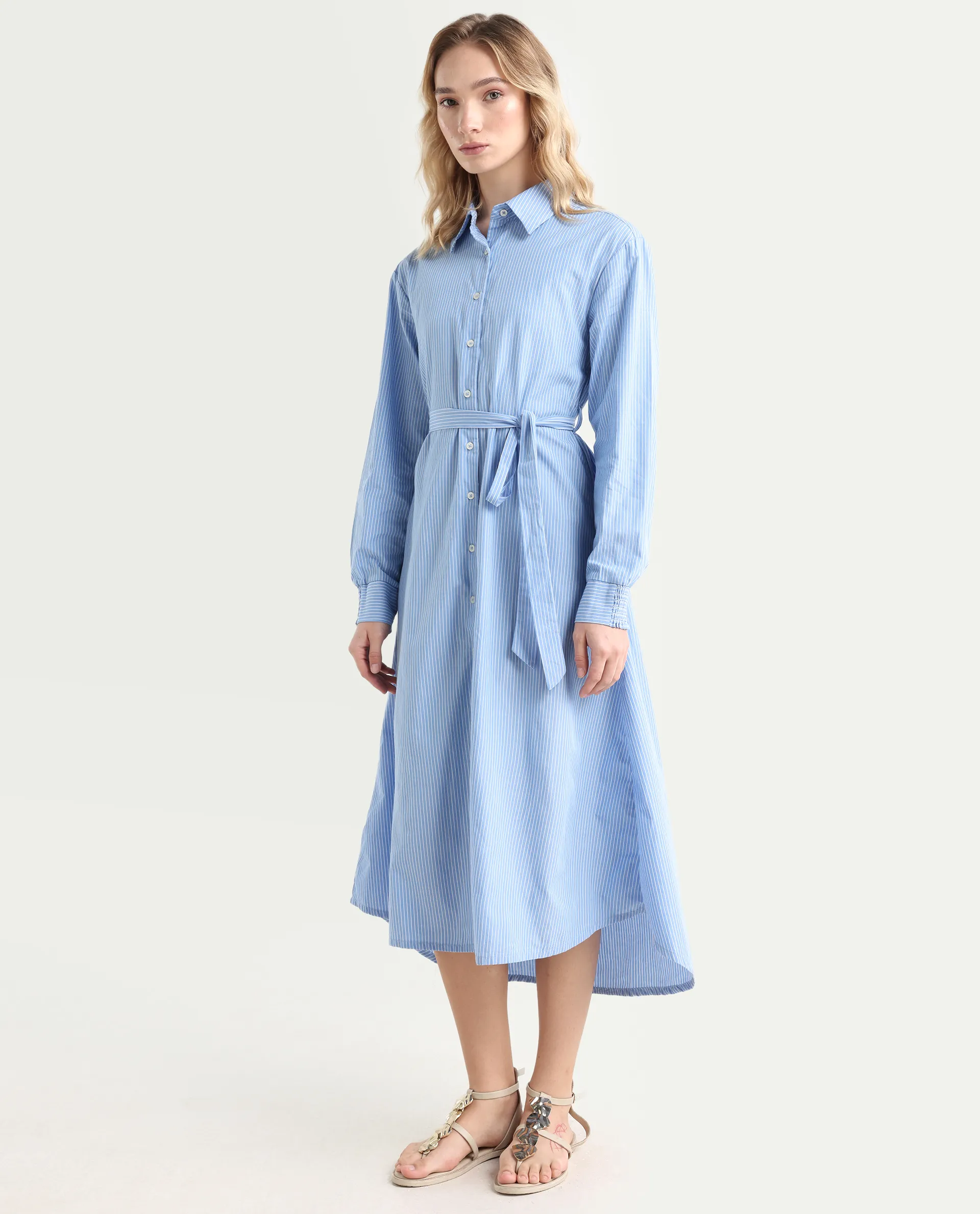 Rareism Women's Bharon Light Blue Cotton Spread Collar Striped Cuffed Sleeve Midi Straight Fit Dress - Image 6