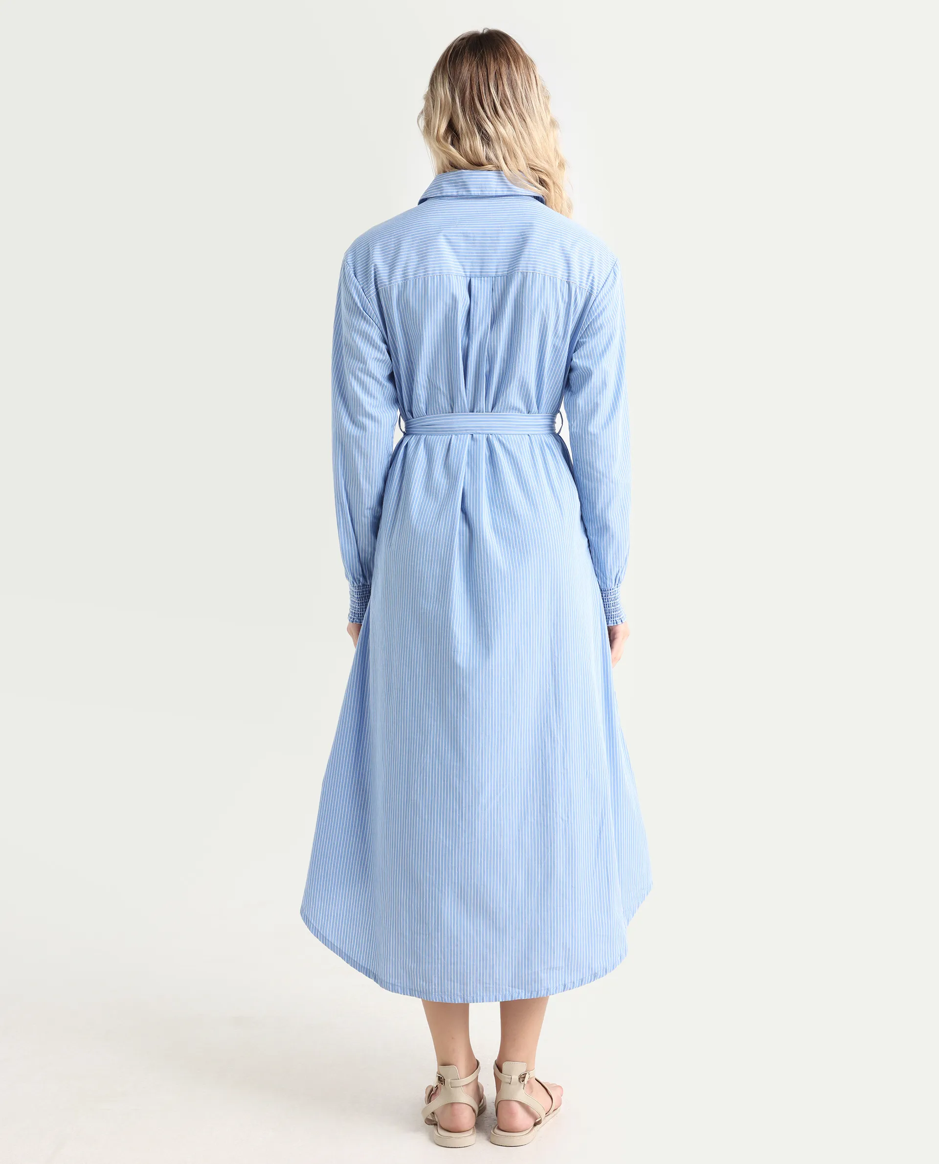 Rareism Women's Bharon Light Blue Cotton Spread Collar Striped Cuffed Sleeve Midi Straight Fit Dress - Image 7