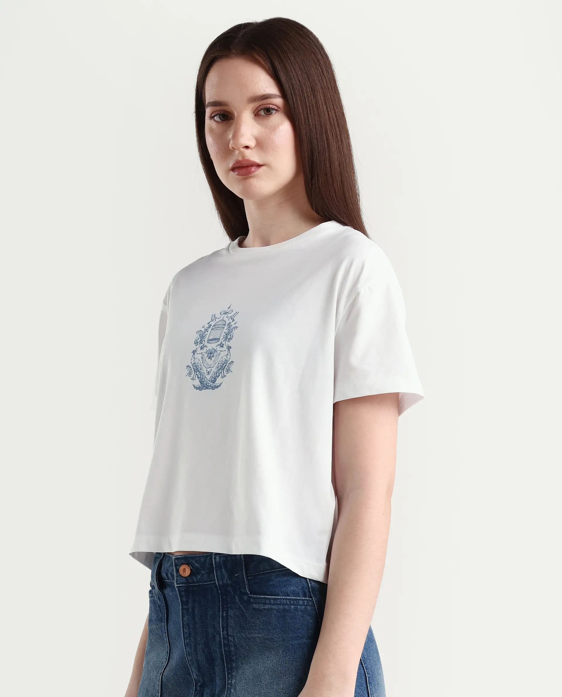 Rareism Women's Bharop Off White Cotton Crew Neck Graphic Print Crop Regular Fit T-Shirt - Image 5