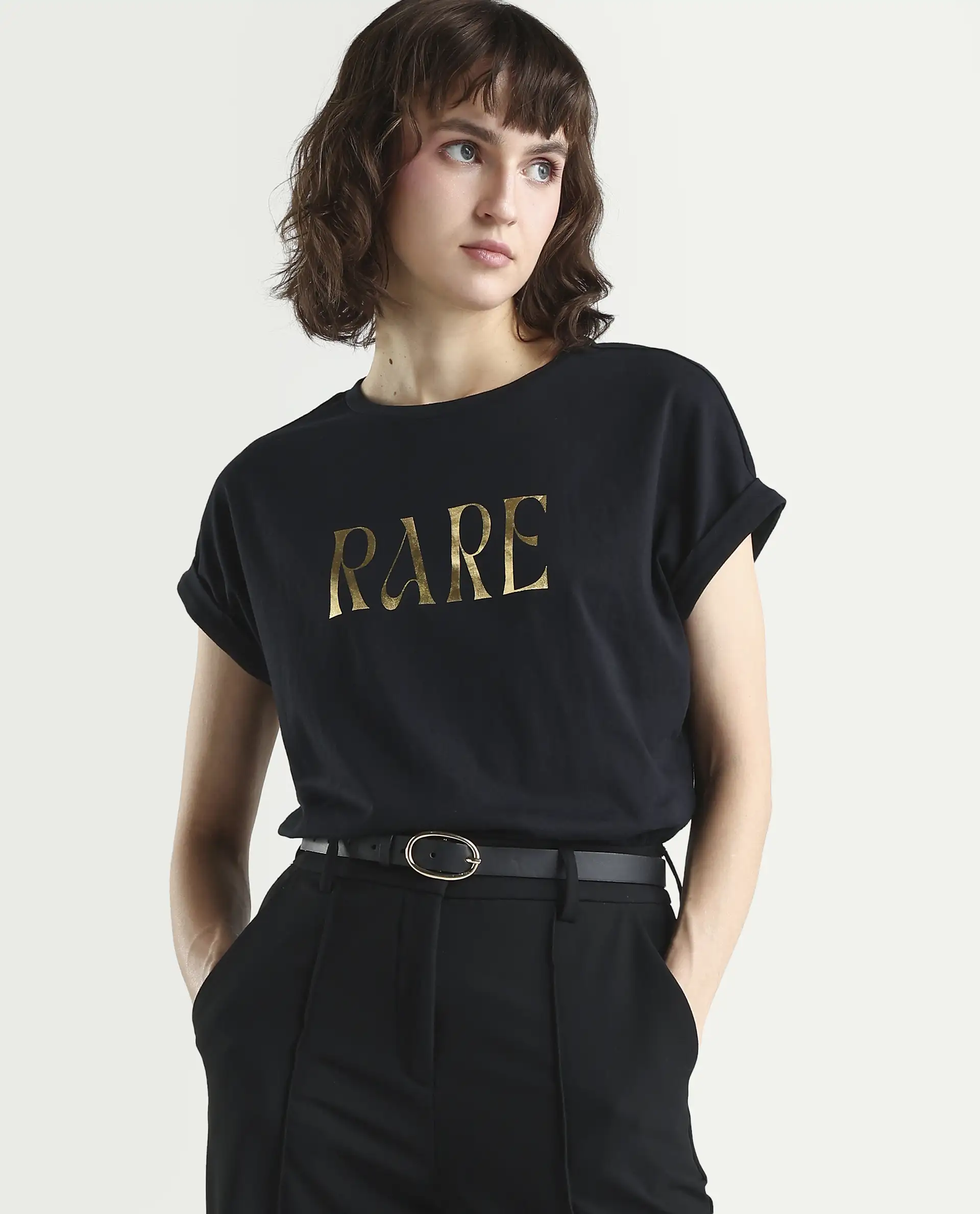 Rareism Women's Bhars Black Viscose Blend Crew Neck Regular Fit Typography Print T-Shirt