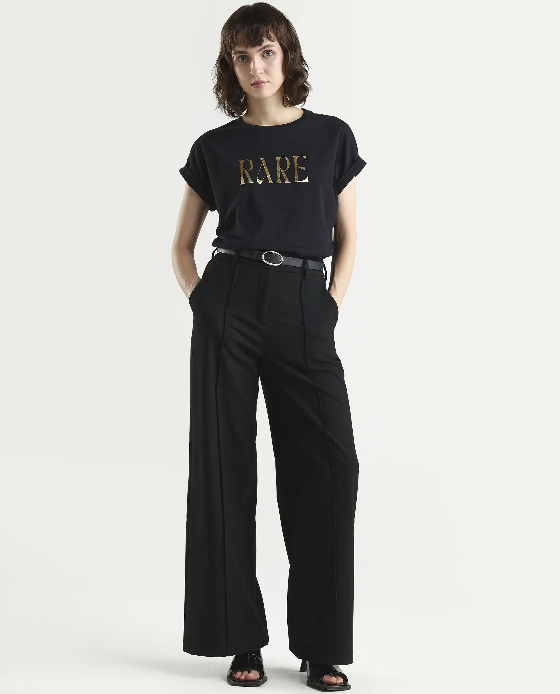 Rareism Women's Bhars Black Viscose Blend Crew Neck Regular Fit Typography Print T-Shirt - Image 2