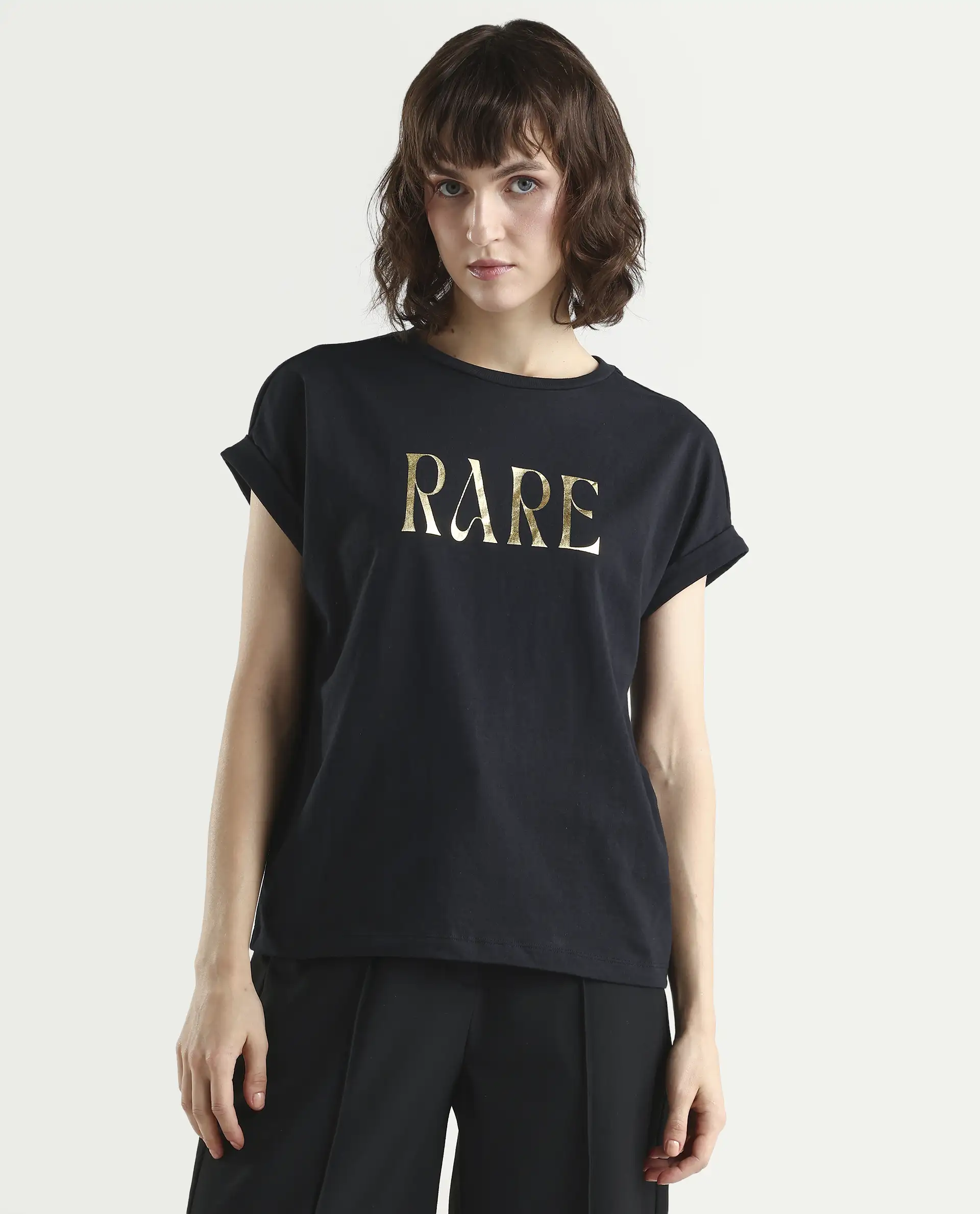 Rareism Women's Bhars Black Viscose Blend Crew Neck Regular Fit Typography Print T-Shirt - Image 3