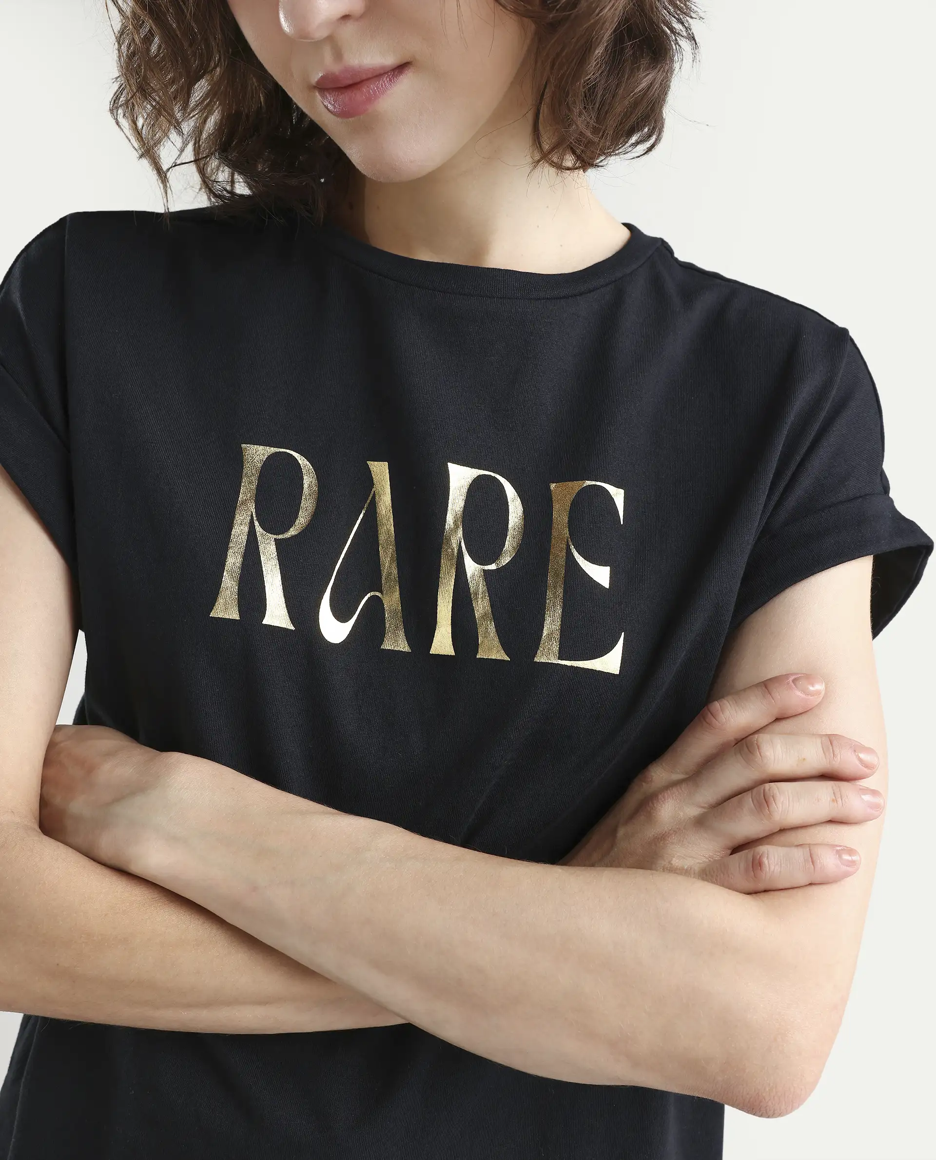 Rareism Women's Bhars Black Viscose Blend Crew Neck Regular Fit Typography Print T-Shirt - Image 4