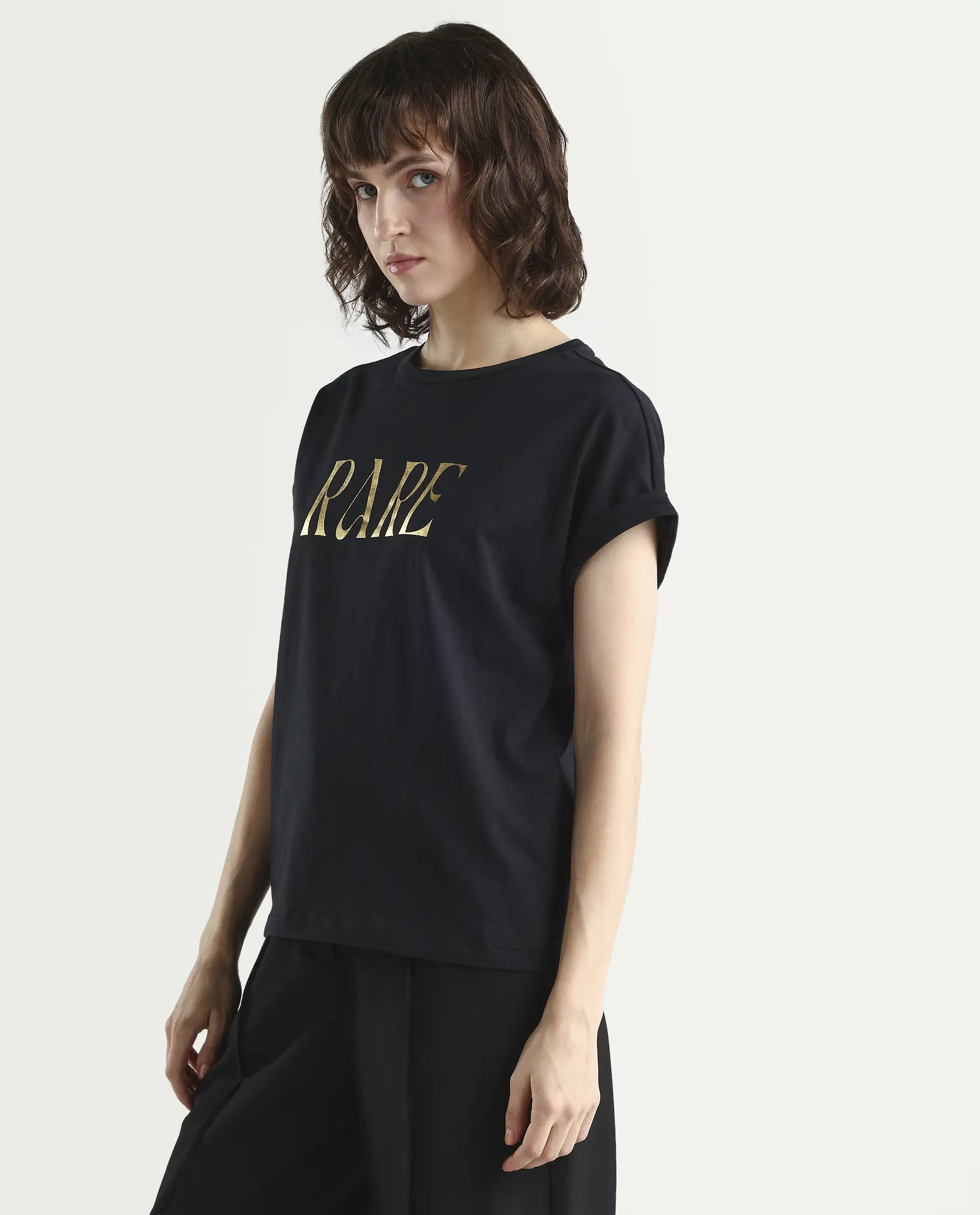 Rareism Women's Bhars Black Viscose Blend Crew Neck Regular Fit Typography Print T-Shirt - Image 5