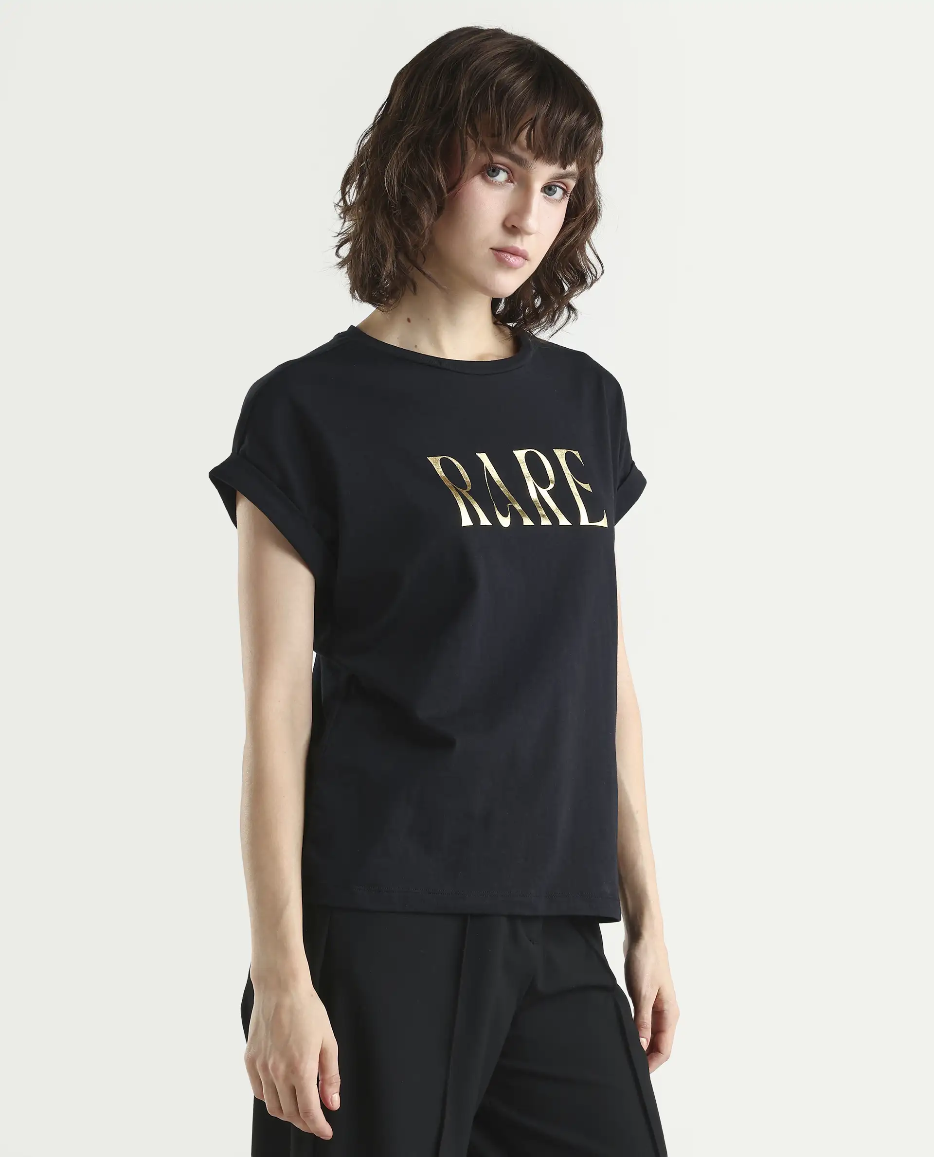 Rareism Women's Bhars Black Viscose Blend Crew Neck Regular Fit Typography Print T-Shirt - Image 6