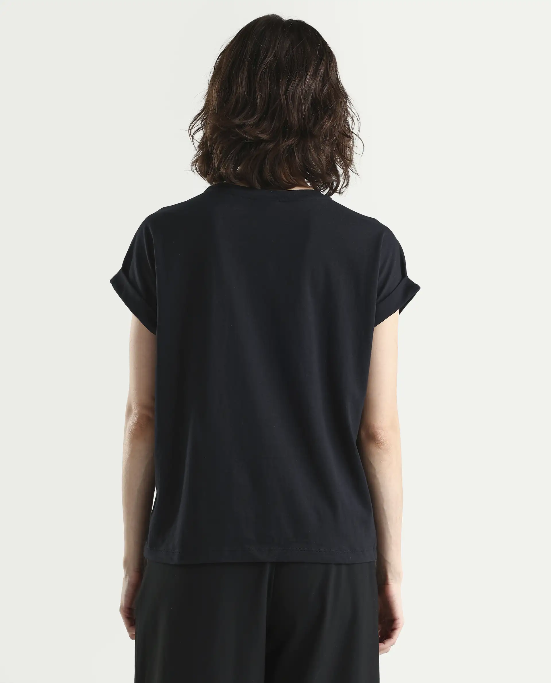 Rareism Women's Bhars Black Viscose Blend Crew Neck Regular Fit Typography Print T-Shirt - Image 7