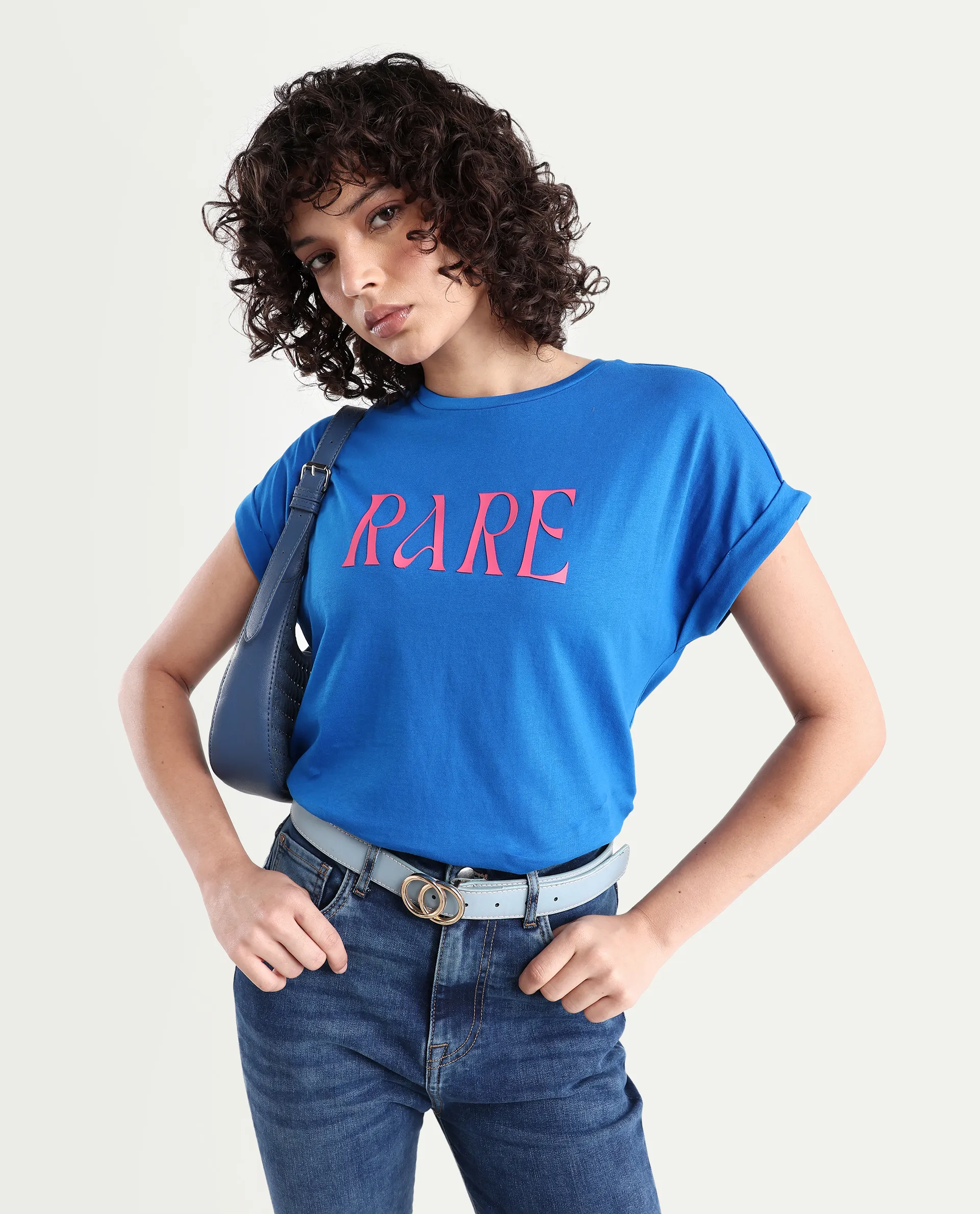 Rareism Women's Bhars Blue Viscose Blend Crew Neck Regular Fit Typography Print T-Shirt - Image 2