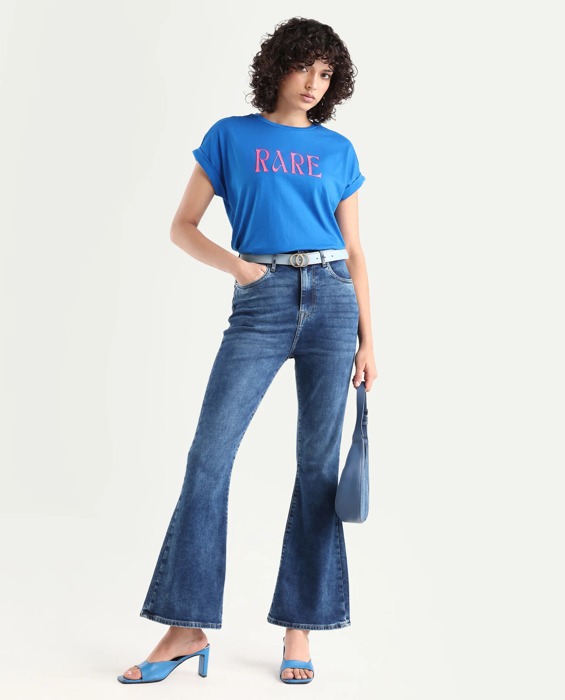 Rareism Women's Bhars Blue Viscose Blend Crew Neck Regular Fit Typography Print T-Shirt - Image 3