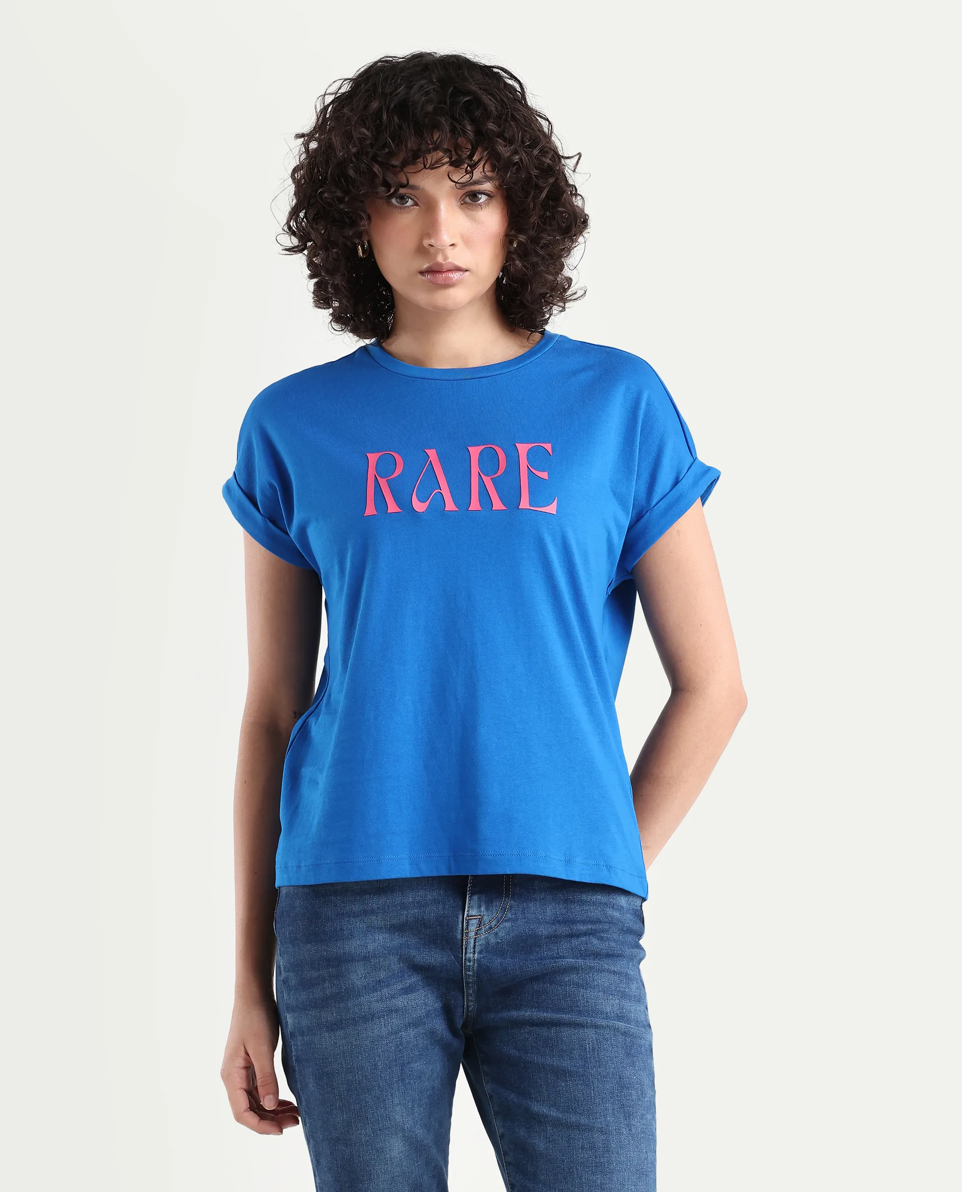 Rareism Women's Bhars Blue Viscose Blend Crew Neck Regular Fit Typography Print T-Shirt - Image 4