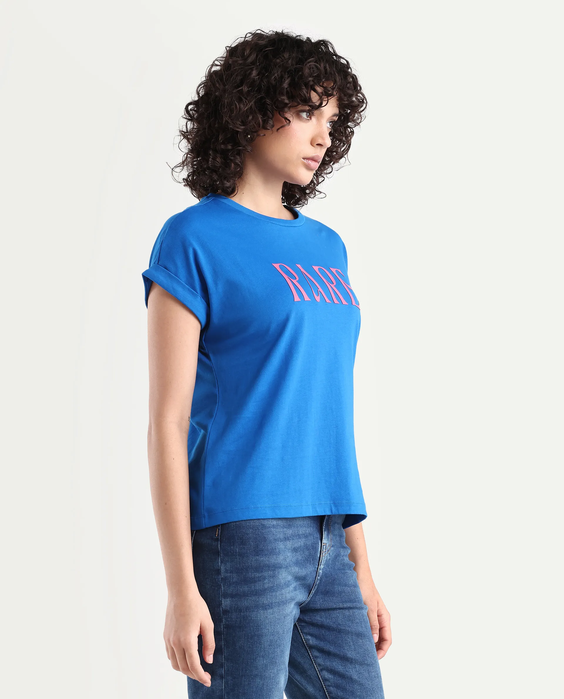 Rareism Women's Bhars Blue Viscose Blend Crew Neck Regular Fit Typography Print T-Shirt - Image 5