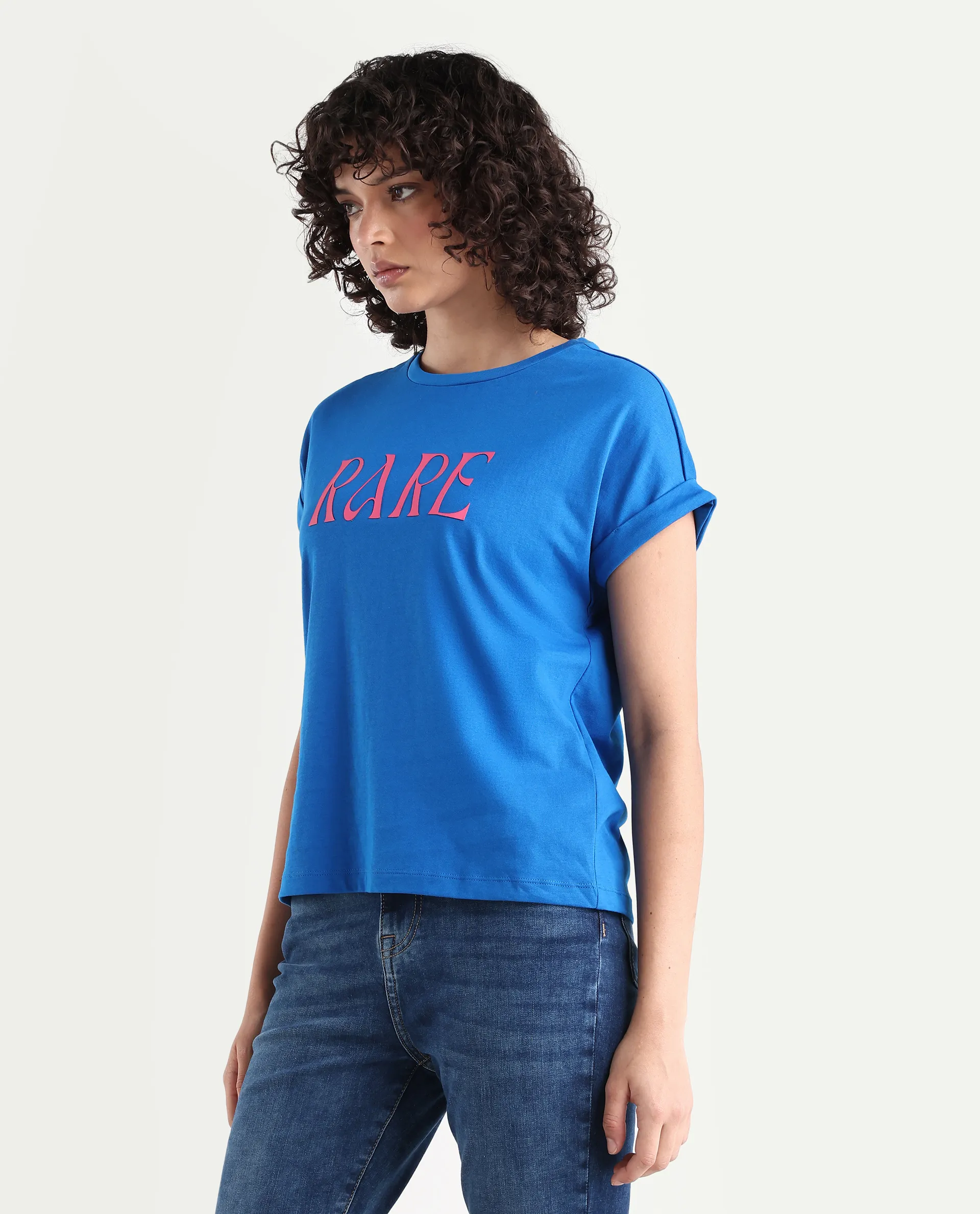 Rareism Women's Bhars Blue Viscose Blend Crew Neck Regular Fit Typography Print T-Shirt - Image 6