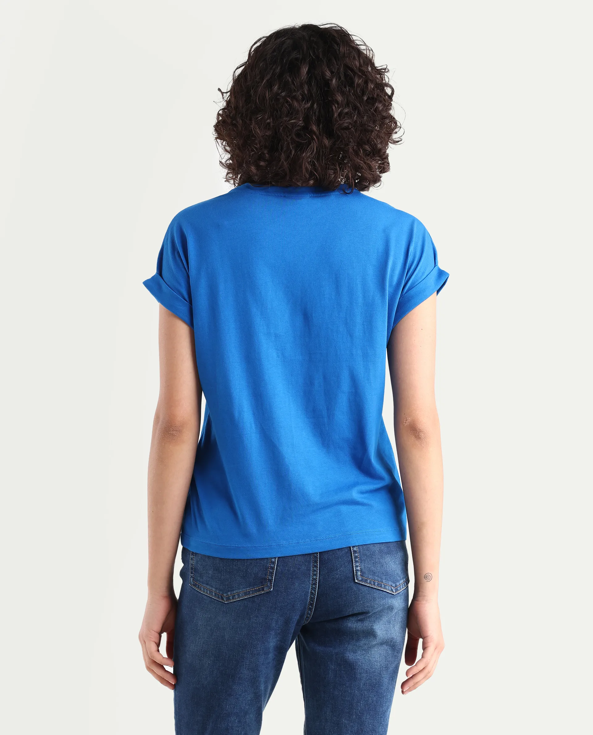 Rareism Women's Bhars Blue Viscose Blend Crew Neck Regular Fit Typography Print T-Shirt - Image 7