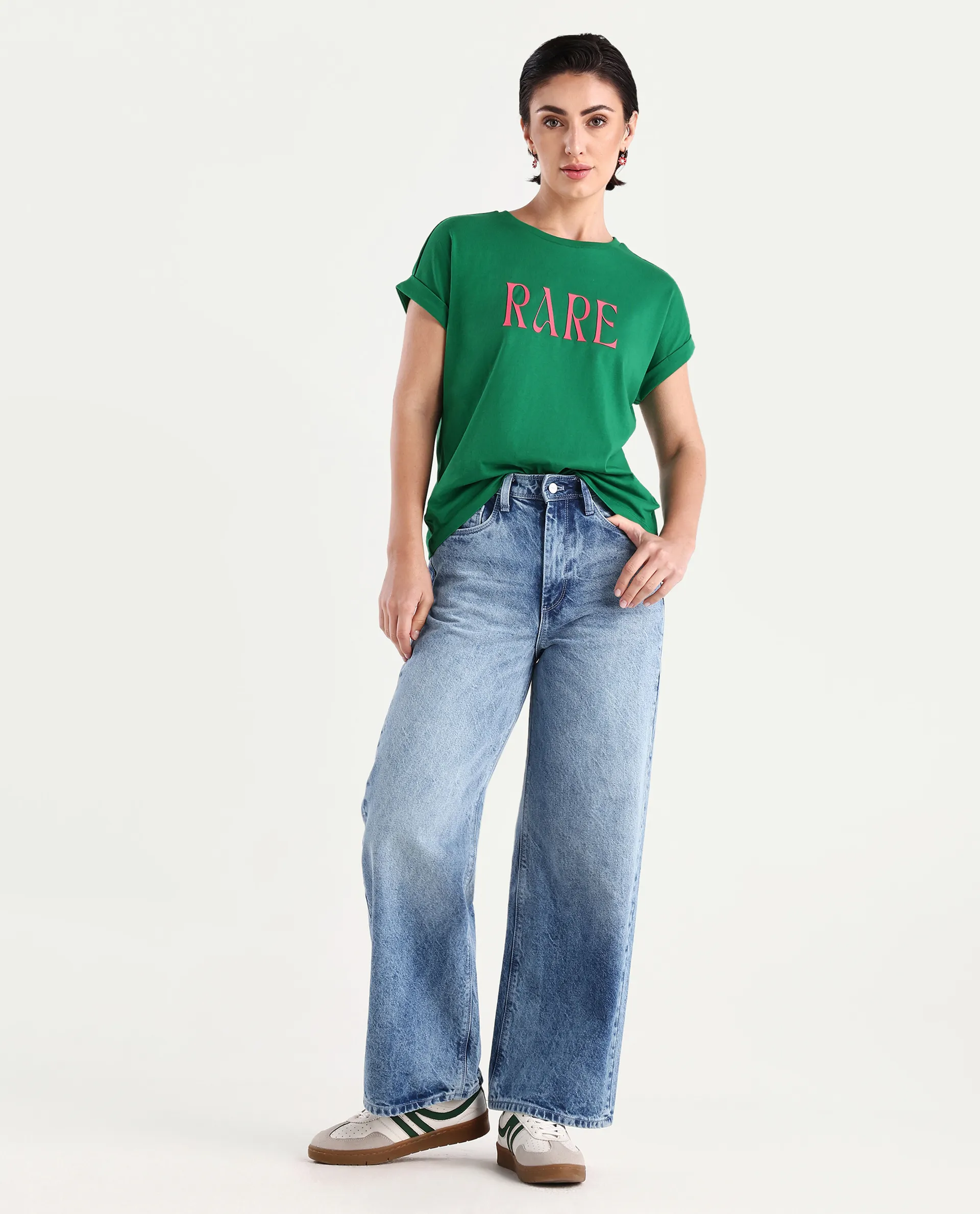 Rareism Women's Bhars Green Viscose Blend Crew Neck Typography Print Extended Sleeves Regular Fit T-Shirt - Image 2