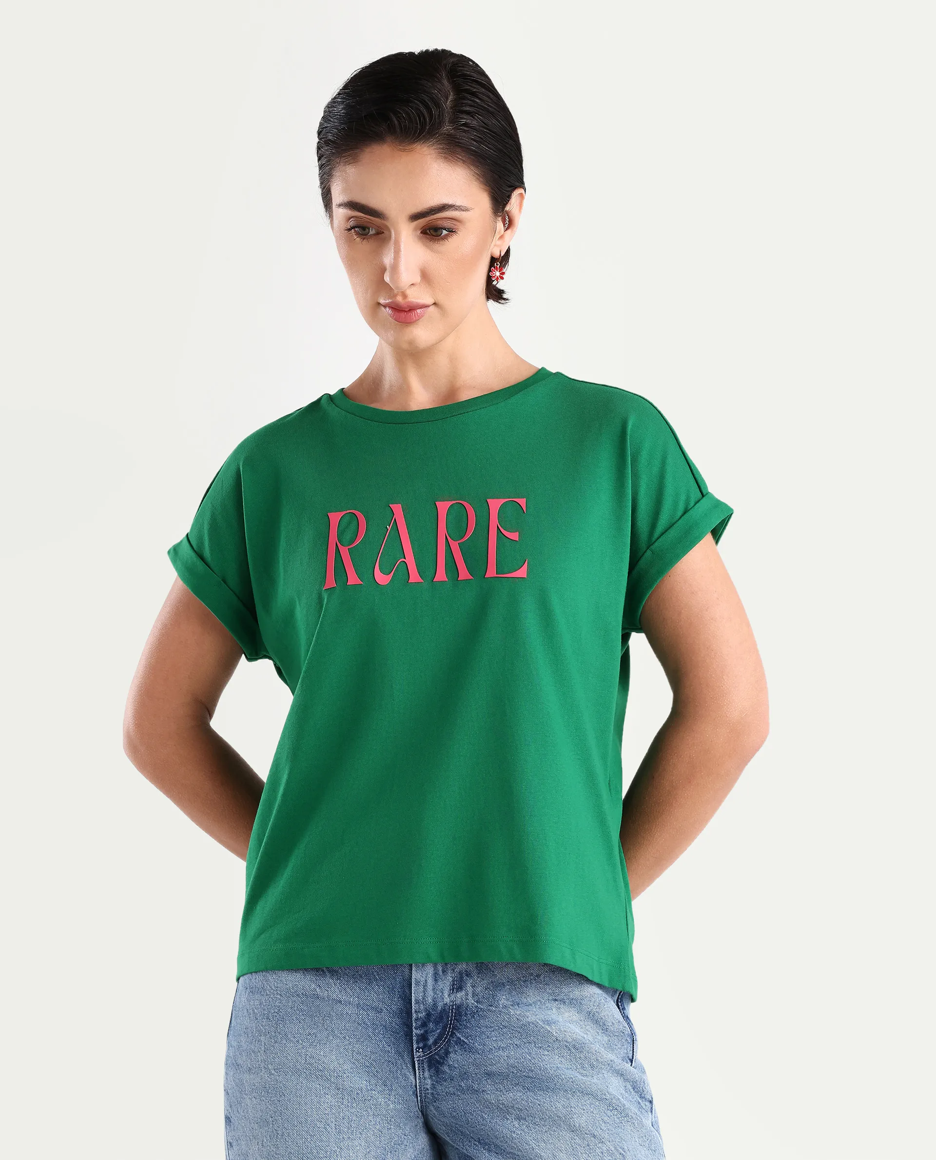 Rareism Women's Bhars Green Viscose Blend Crew Neck Typography Print Extended Sleeves Regular Fit T-Shirt - Image 3