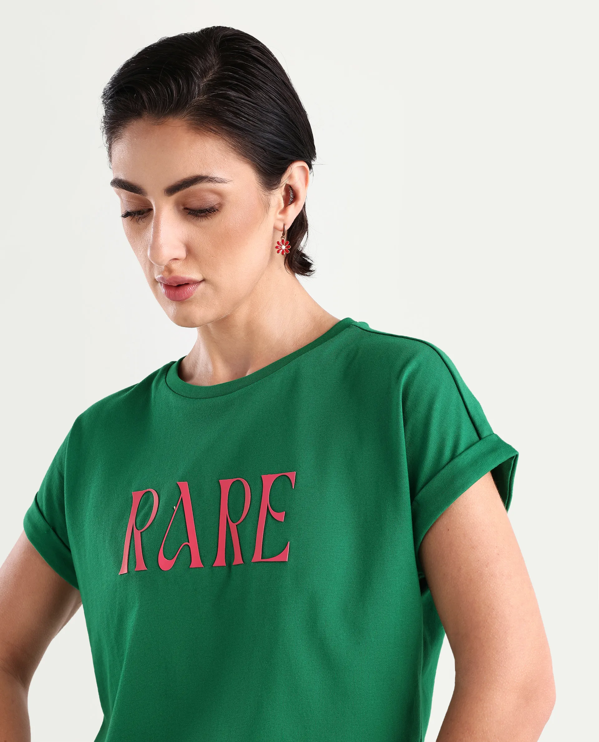 Rareism Women's Bhars Green Viscose Blend Crew Neck Typography Print Extended Sleeves Regular Fit T-Shirt - Image 4