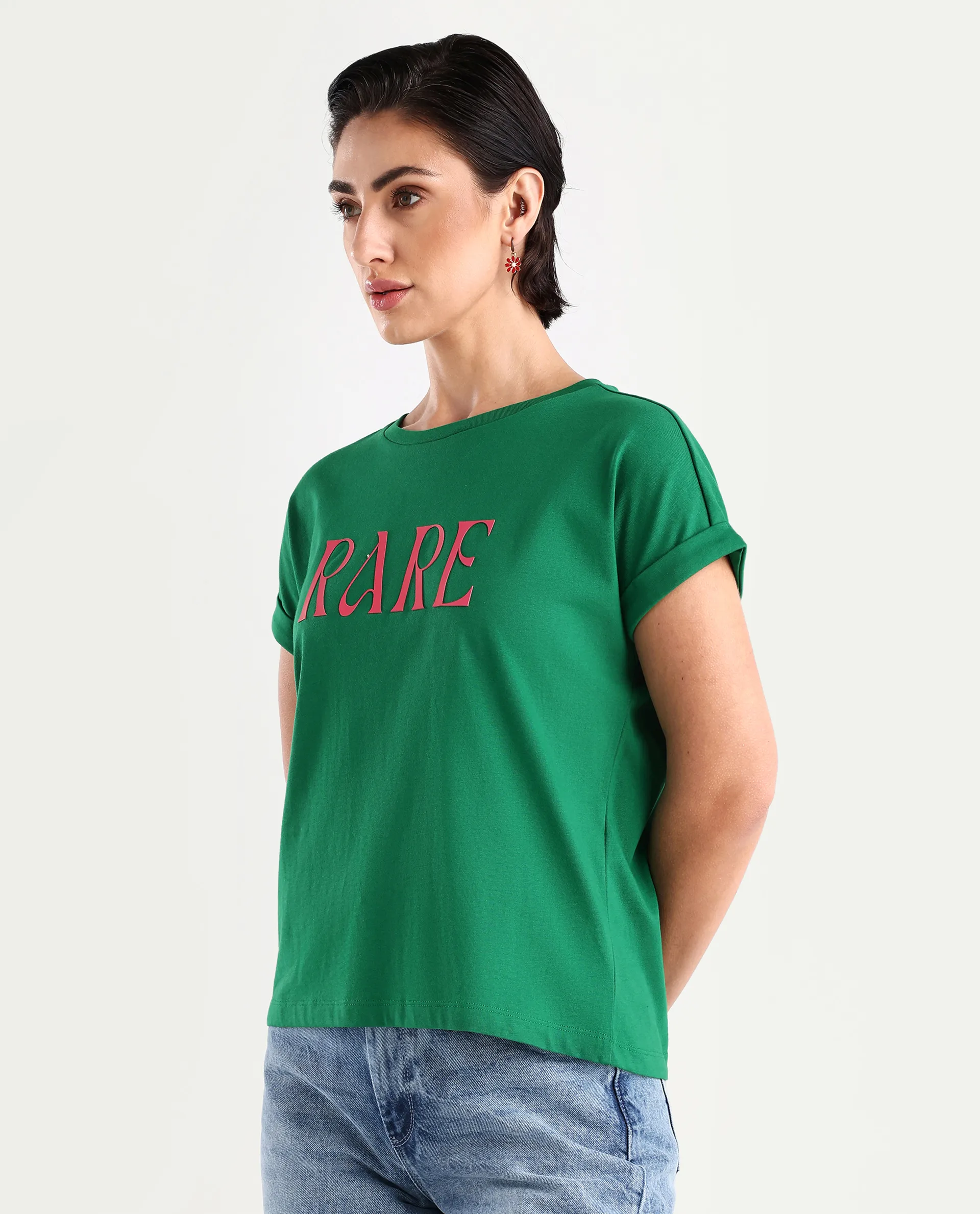 Rareism Women's Bhars Green Viscose Blend Crew Neck Typography Print Extended Sleeves Regular Fit T-Shirt - Image 5